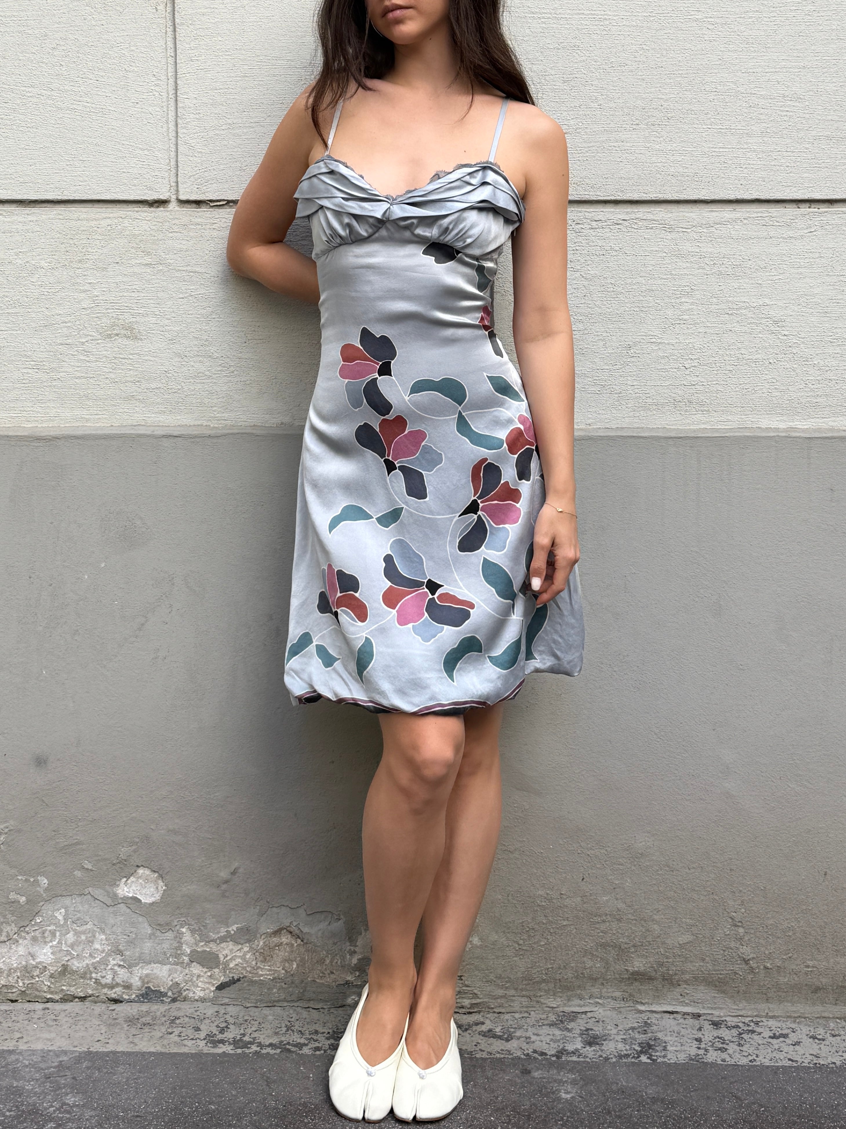 Vintage 100% Silk Light Blue Floral Mini Dress M