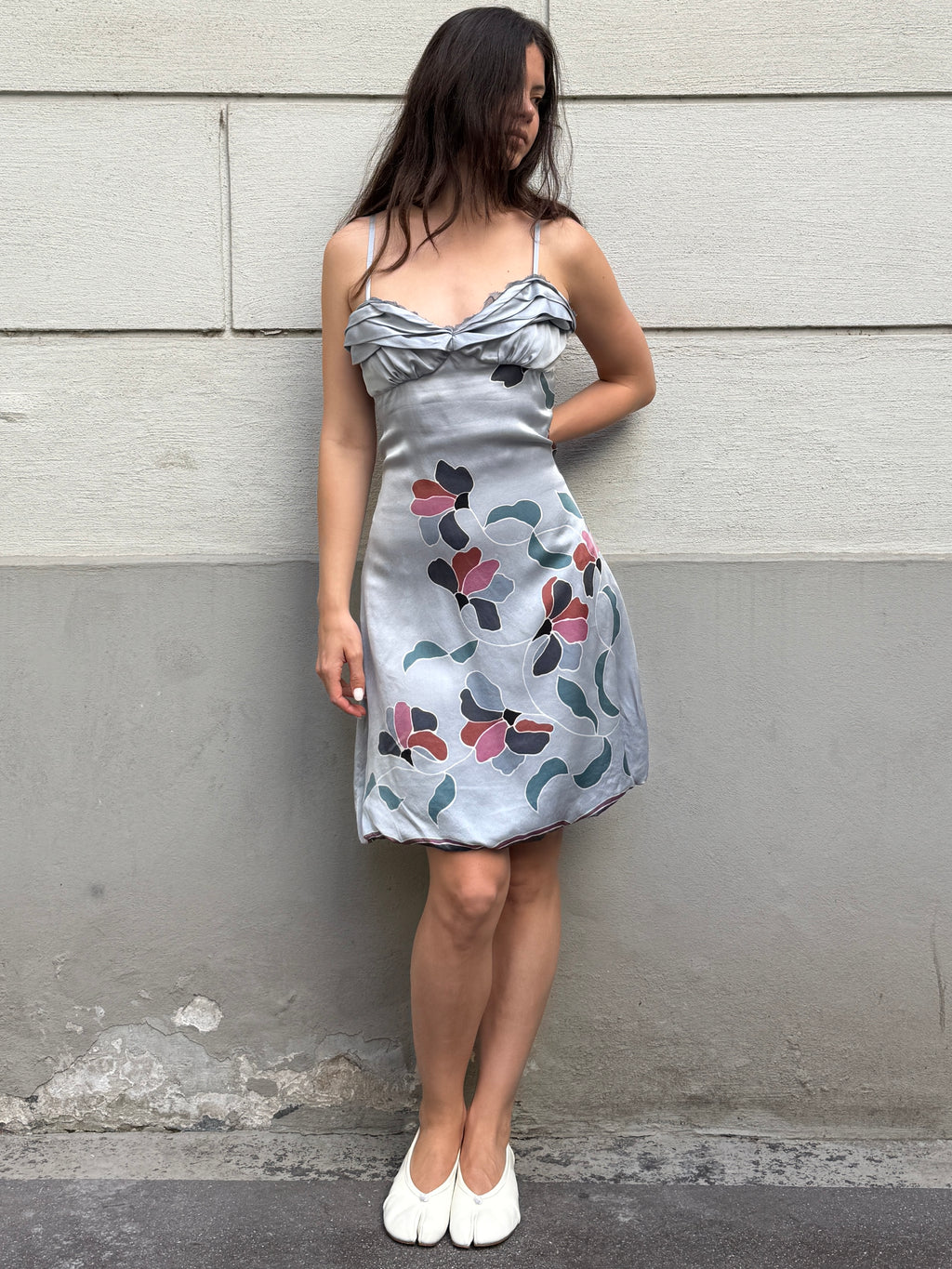 Vintage 100% Silk Light Blue Floral Mini Dress M