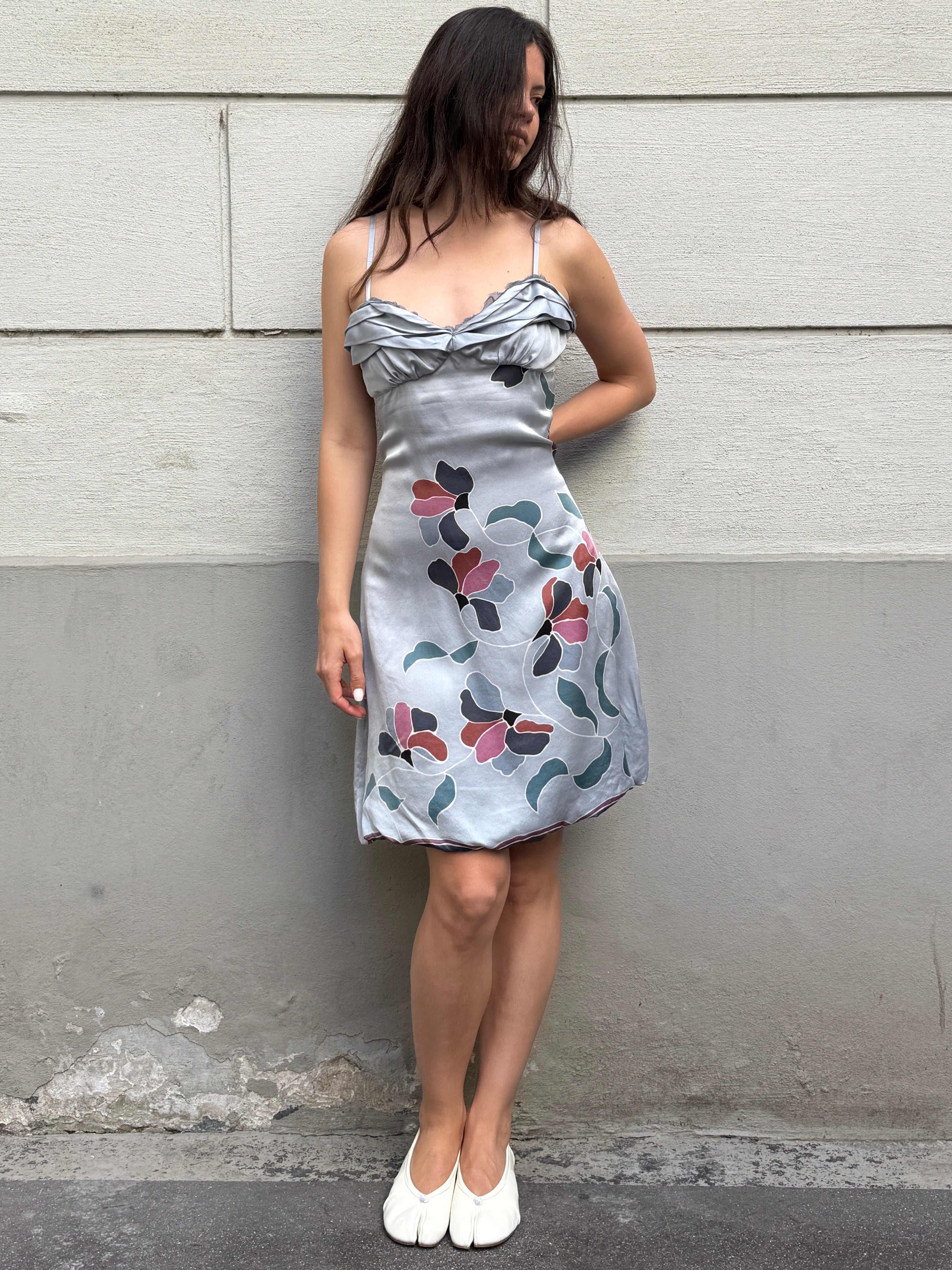 Vintage 100% Silk Light Blue Floral Mini Dress M