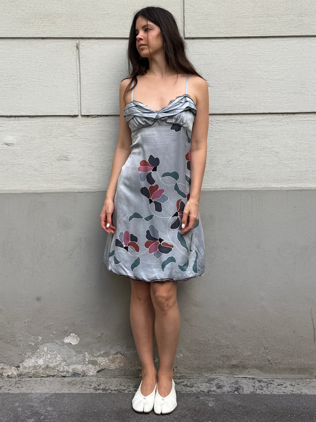 Vintage 100% Silk Light Blue Floral Mini Dress M