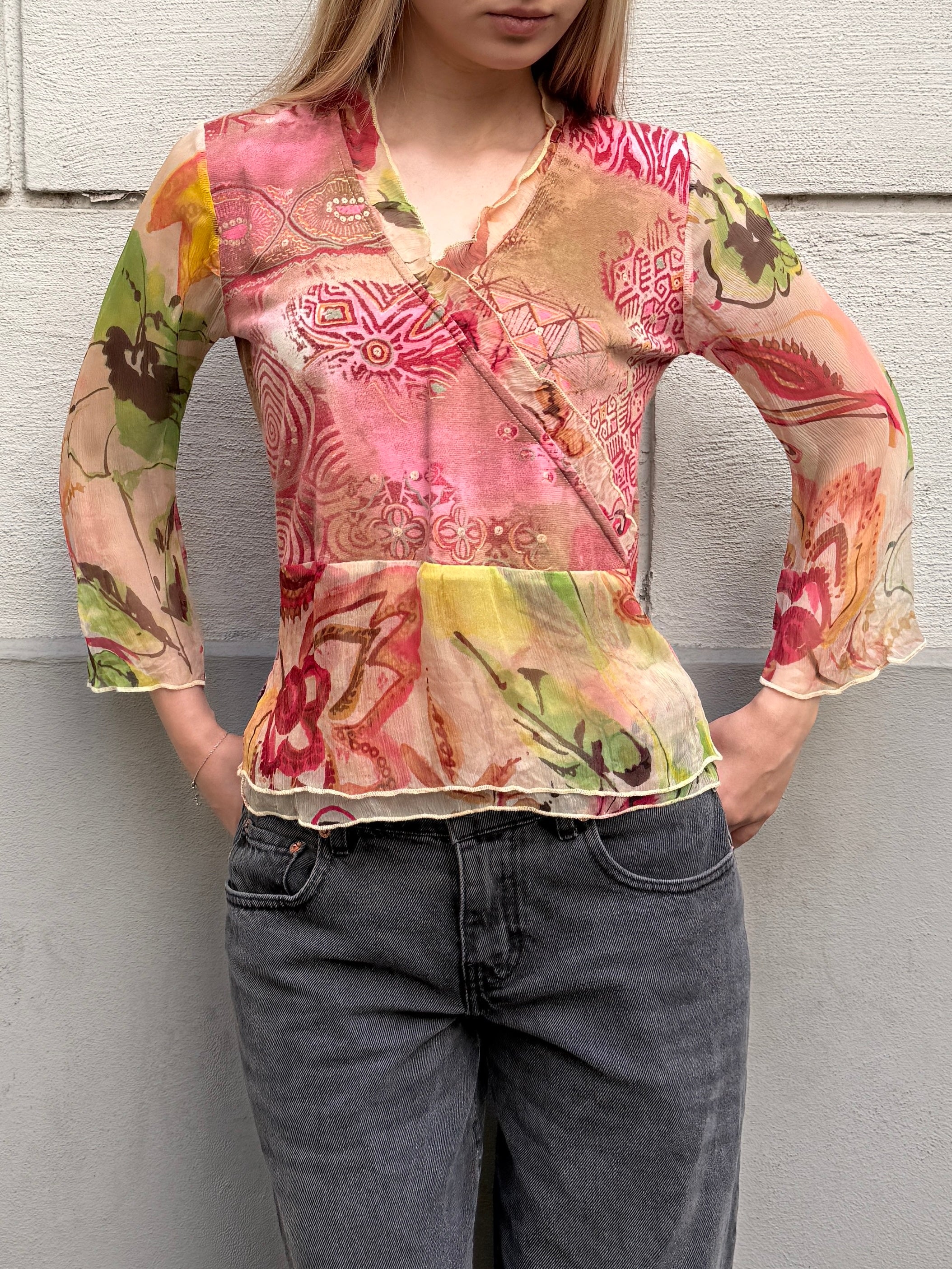 Vintage Multi-Color V-Neck Blouse Top S