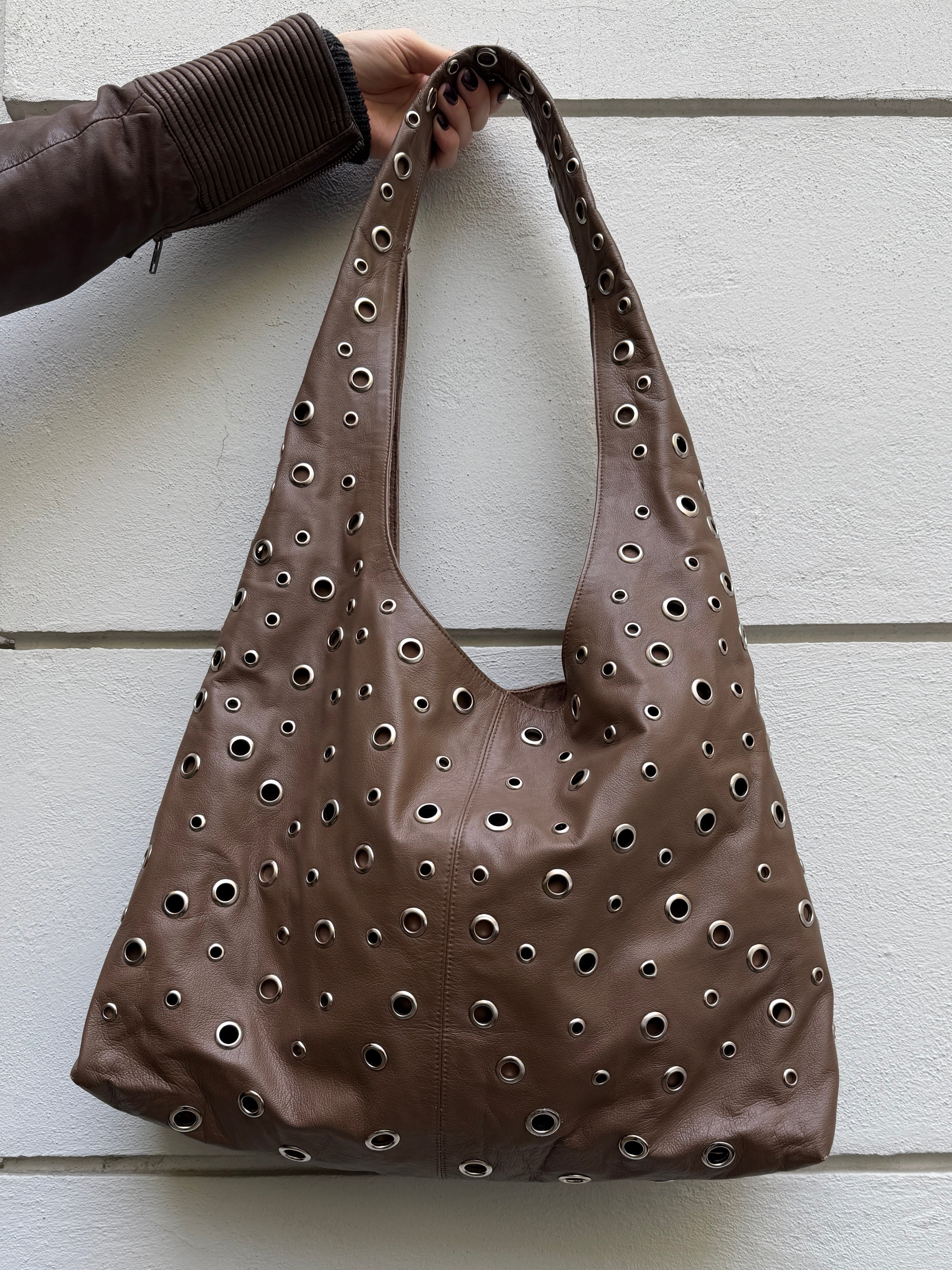 90's/Y2K Style Handmade Leather Grommet Stud Crossbody Hobo Bag L