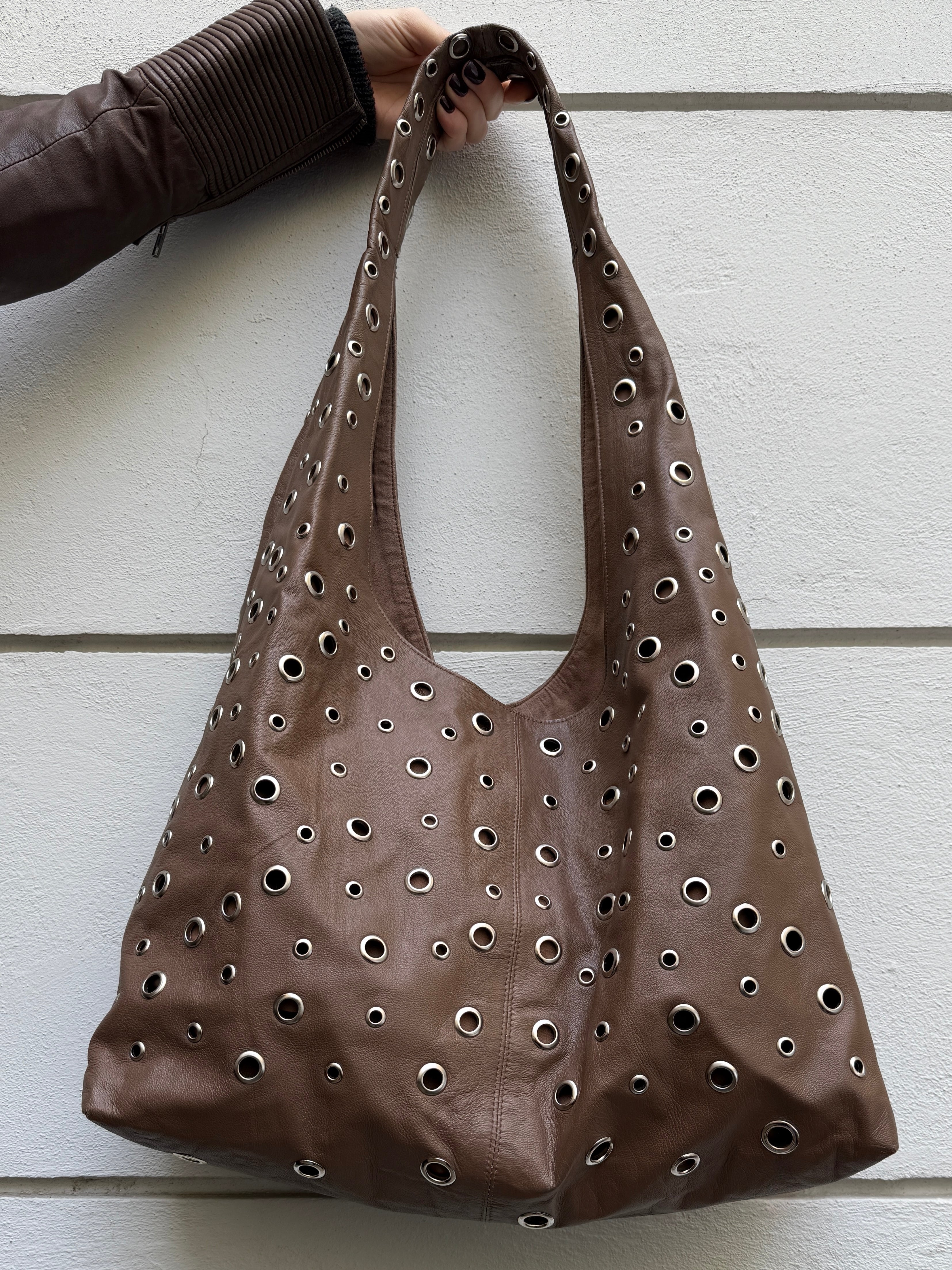 90's/Y2K Style Handmade Leather Grommet Stud Crossbody Hobo Bag L