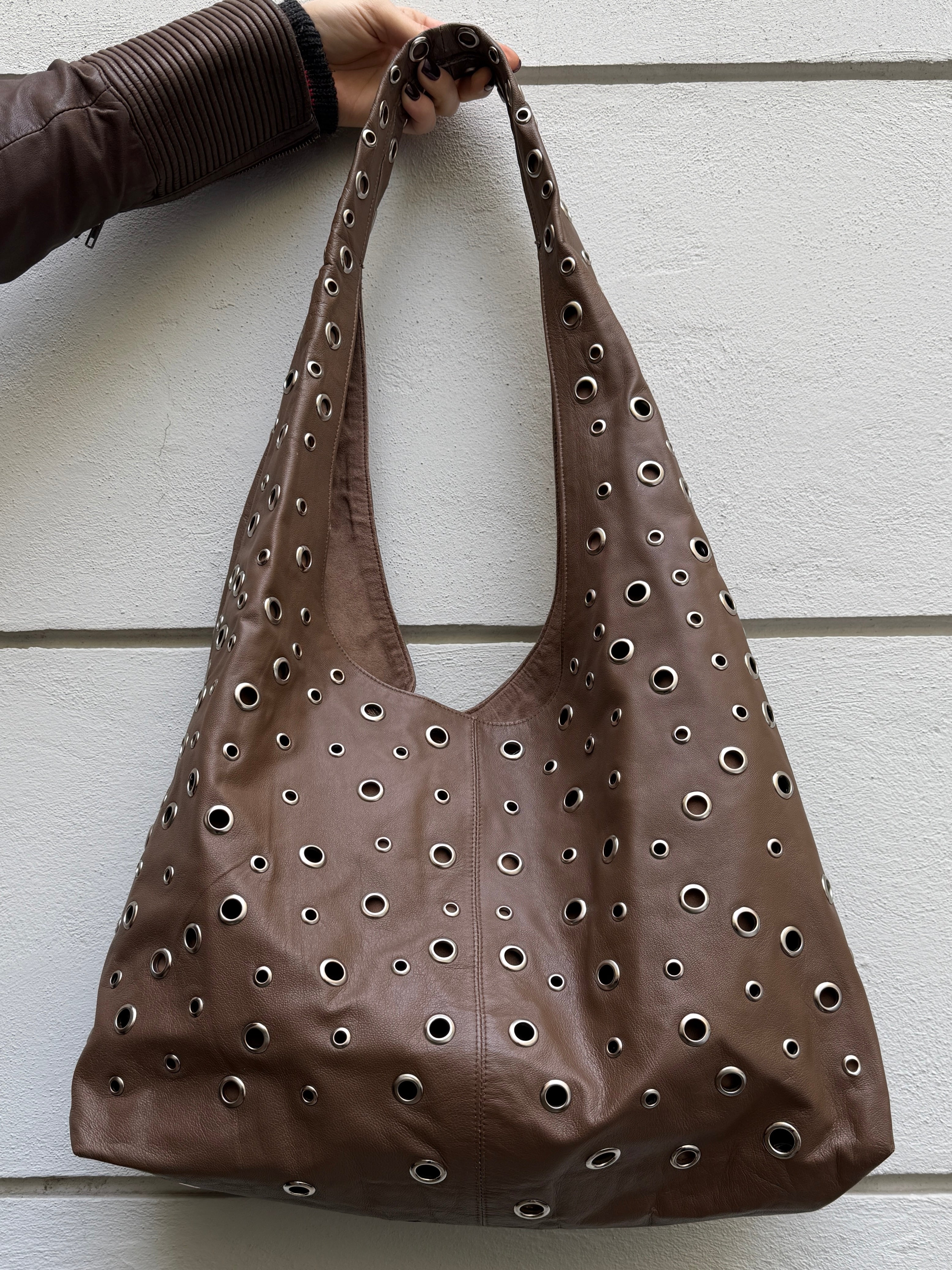 90's/Y2K Style Handmade Leather Grommet Stud Crossbody Hobo Bag L
