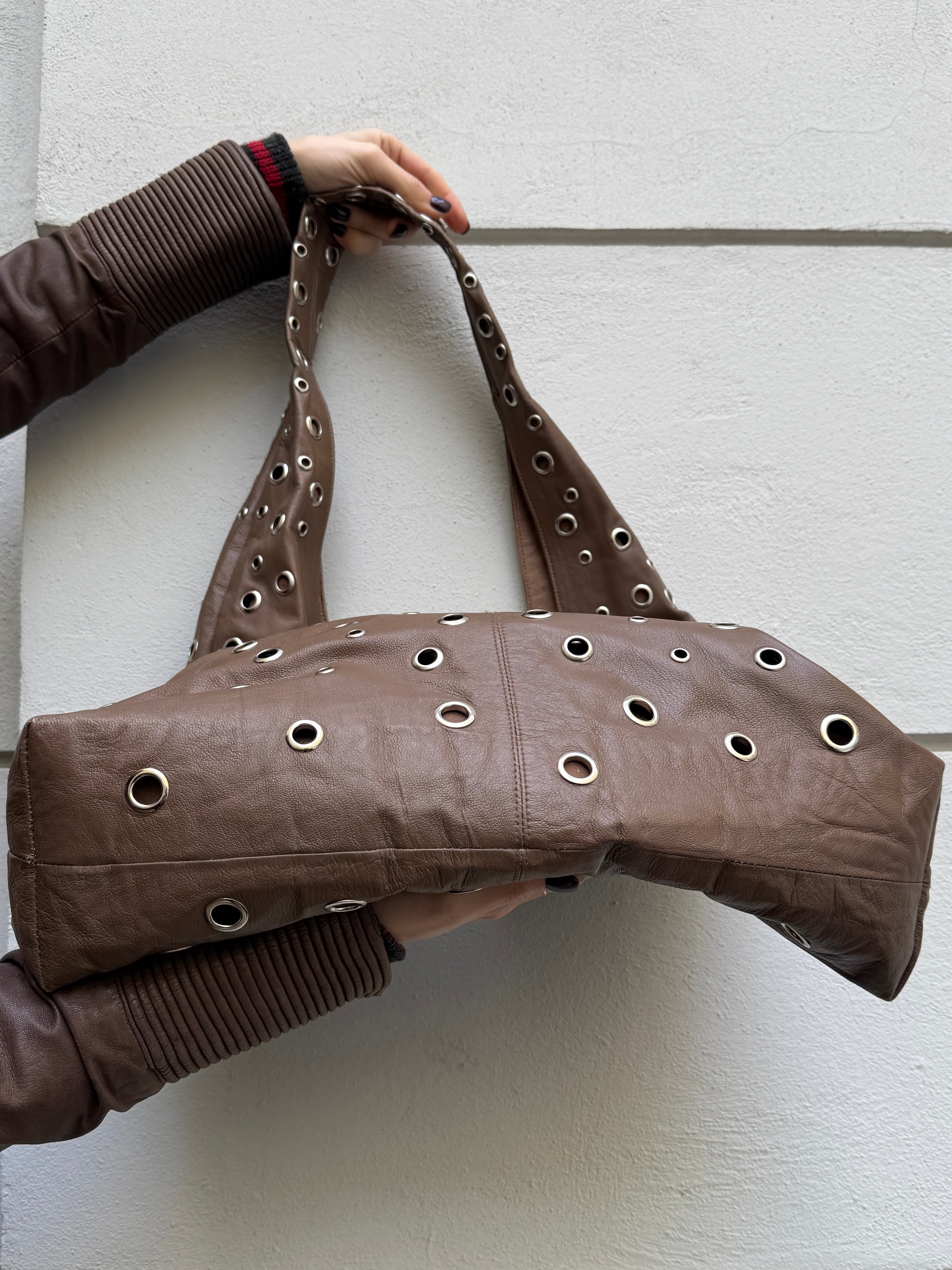 90's/Y2K Style Handmade Leather Grommet Stud Crossbody Hobo Bag L