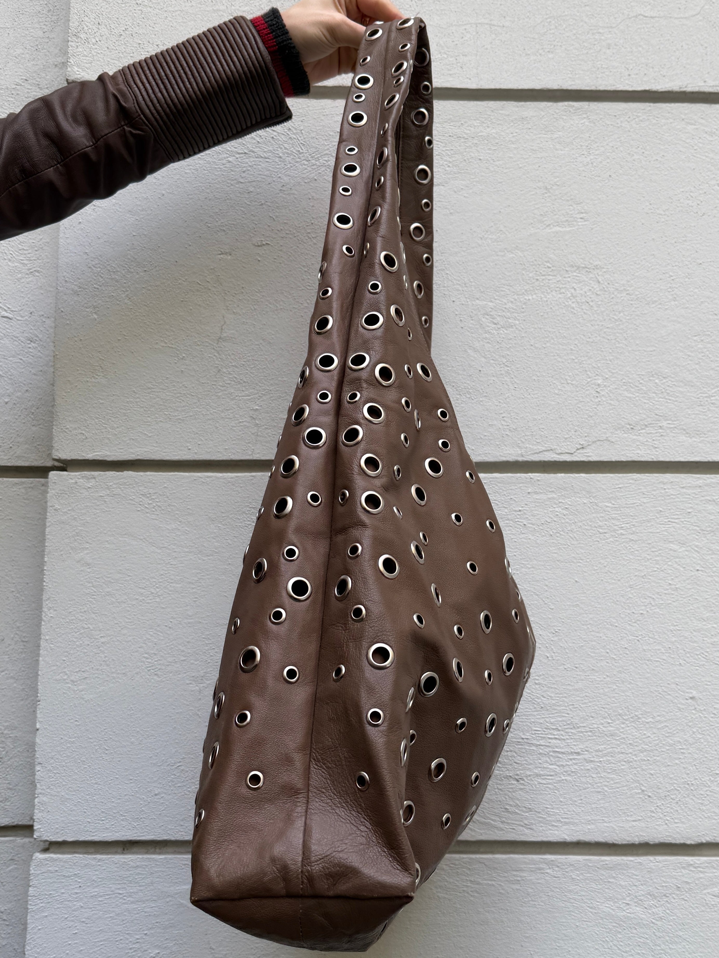 90's/Y2K Style Handmade Leather Grommet Stud Crossbody Hobo Bag L