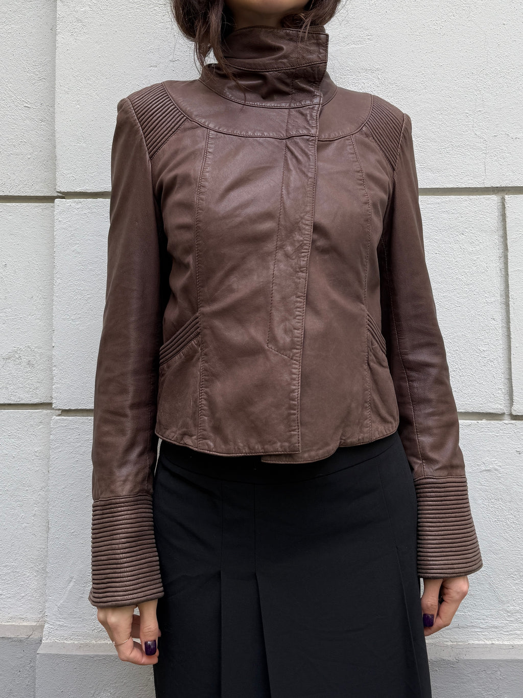 Vintage 100% Genuine Leather Dark Taupe/Brown High Neck Jacket S
