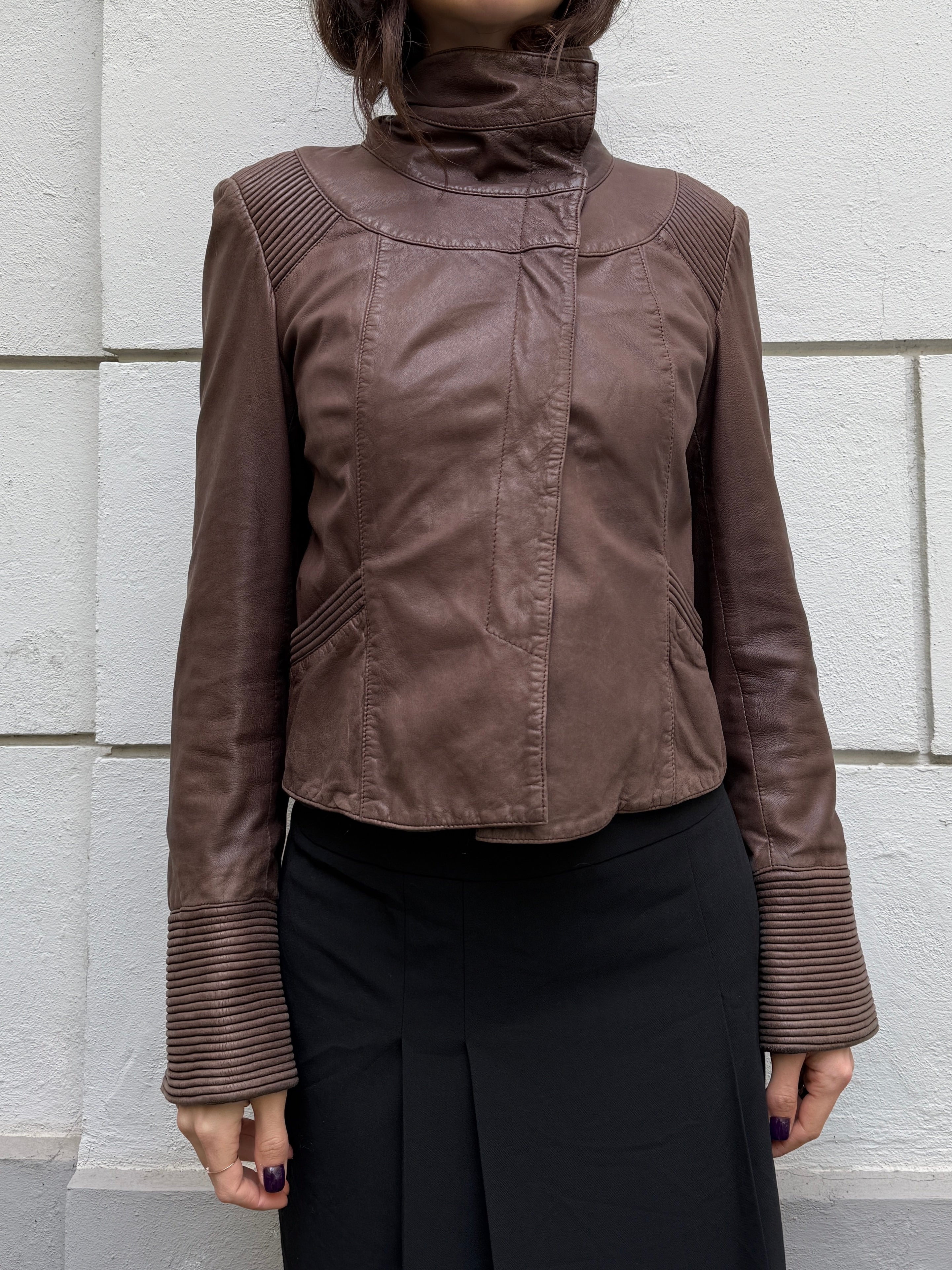 Vintage 100% Genuine Leather Dark Taupe/Brown High Neck Jacket S