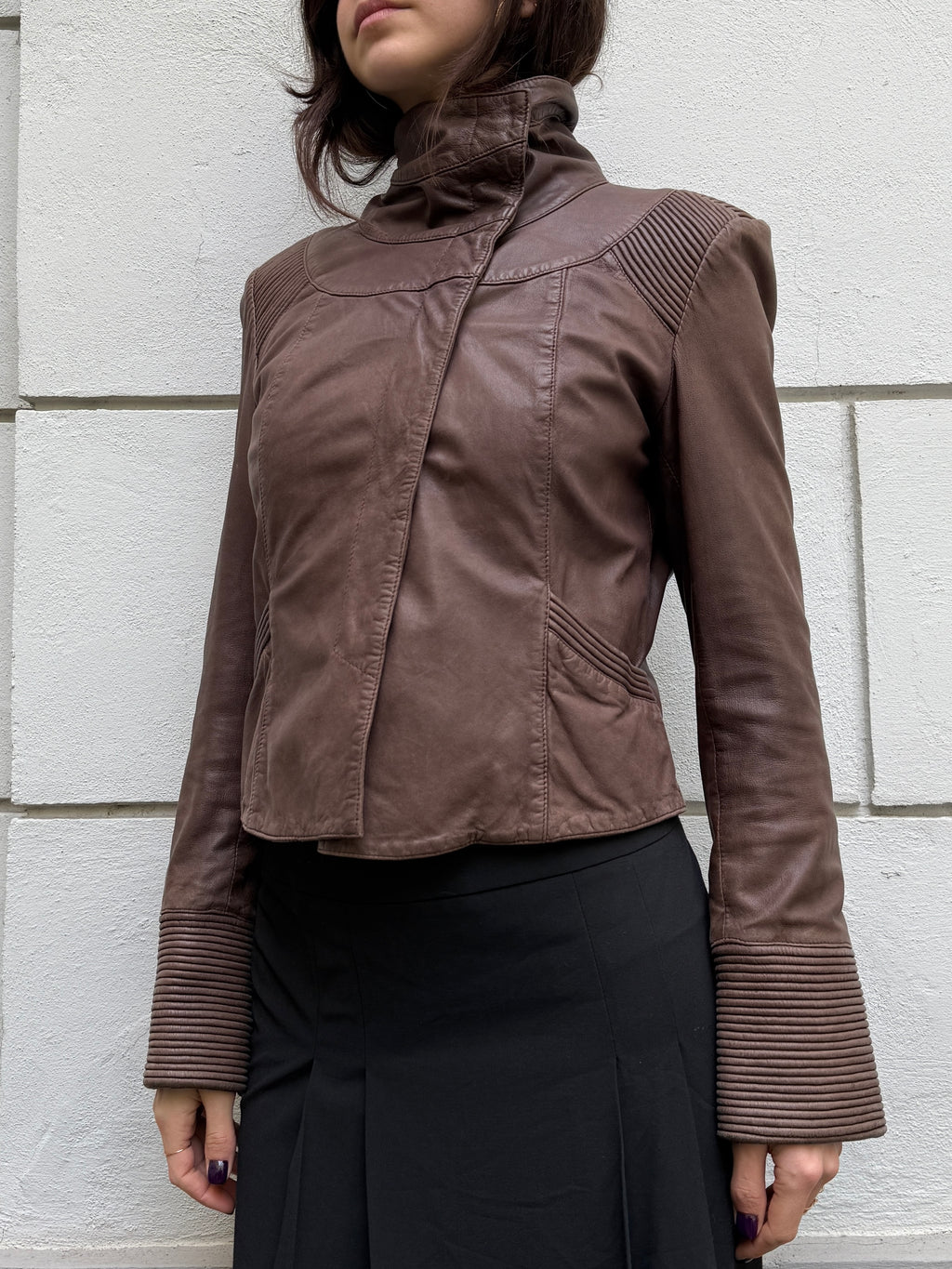 Vintage 100% Genuine Leather Dark Taupe/Brown High Neck Jacket S