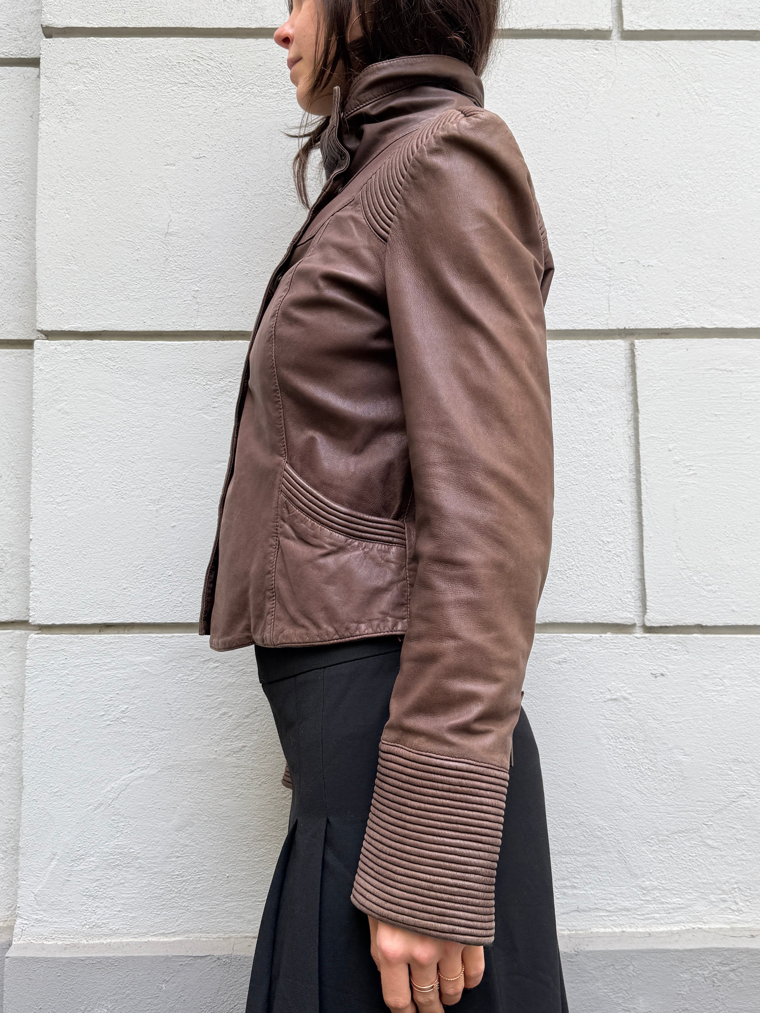 Vintage 100% Genuine Leather Dark Taupe/Brown High Neck Jacket S