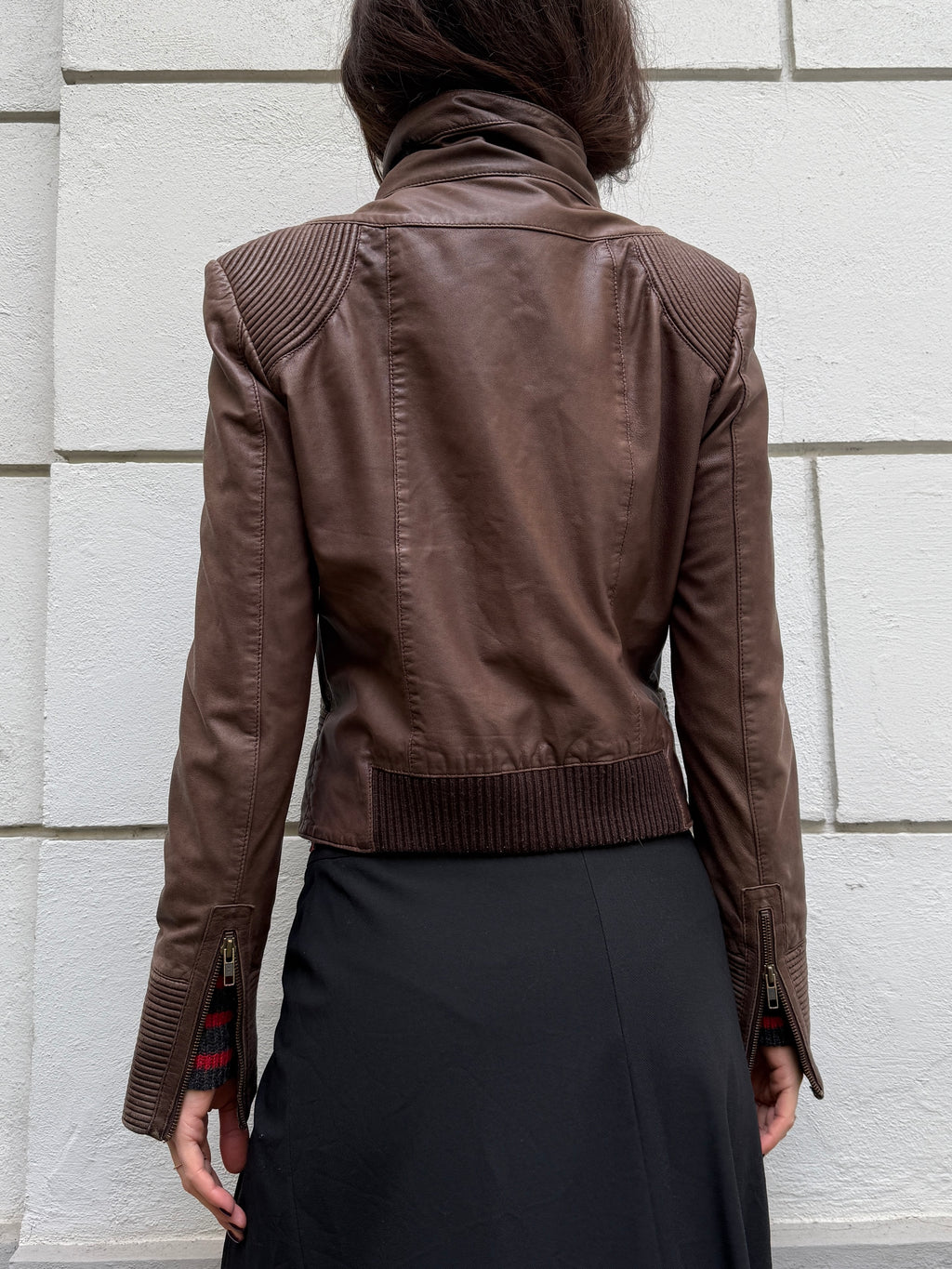 Vintage 100% Genuine Leather Dark Taupe/Brown High Neck Jacket S