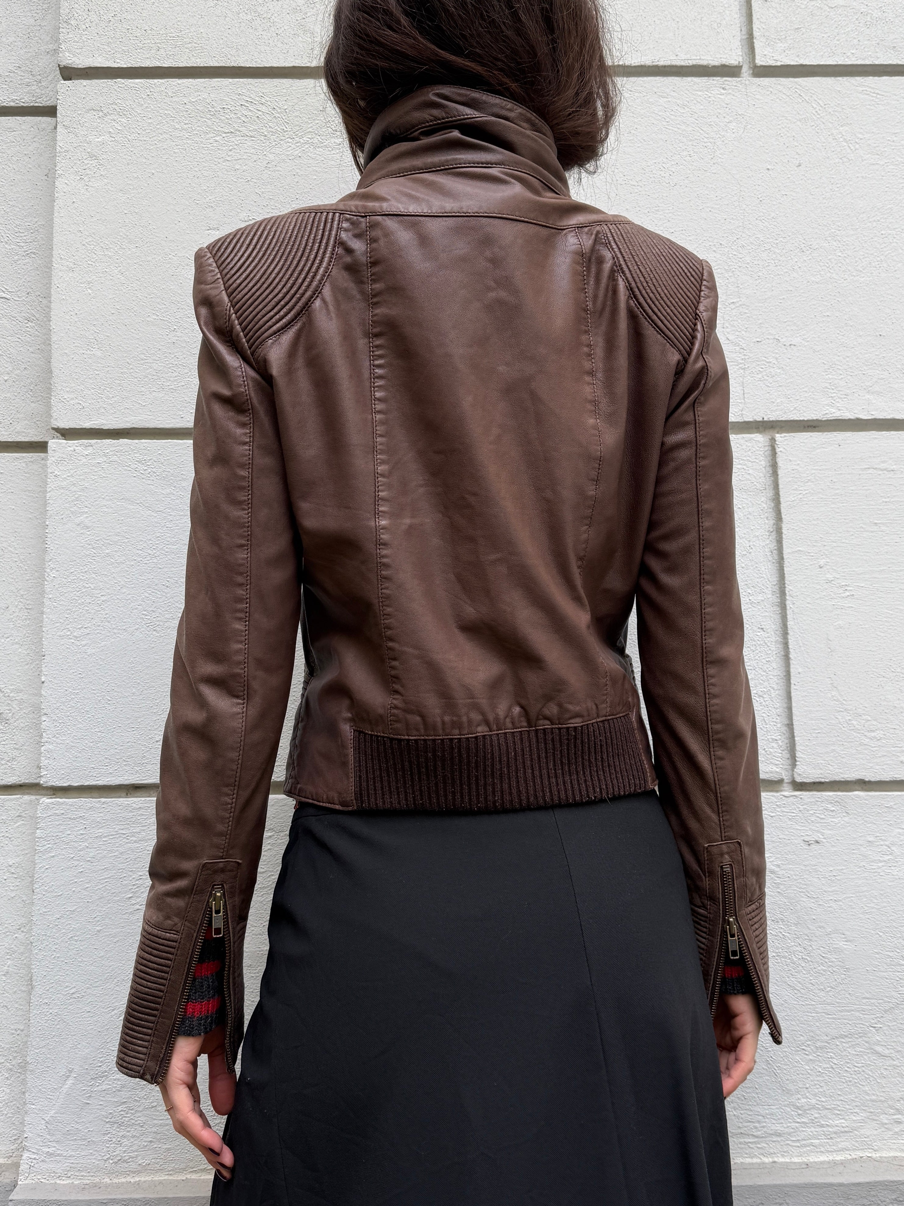 Vintage 100% Genuine Leather Dark Taupe/Brown High Neck Jacket S