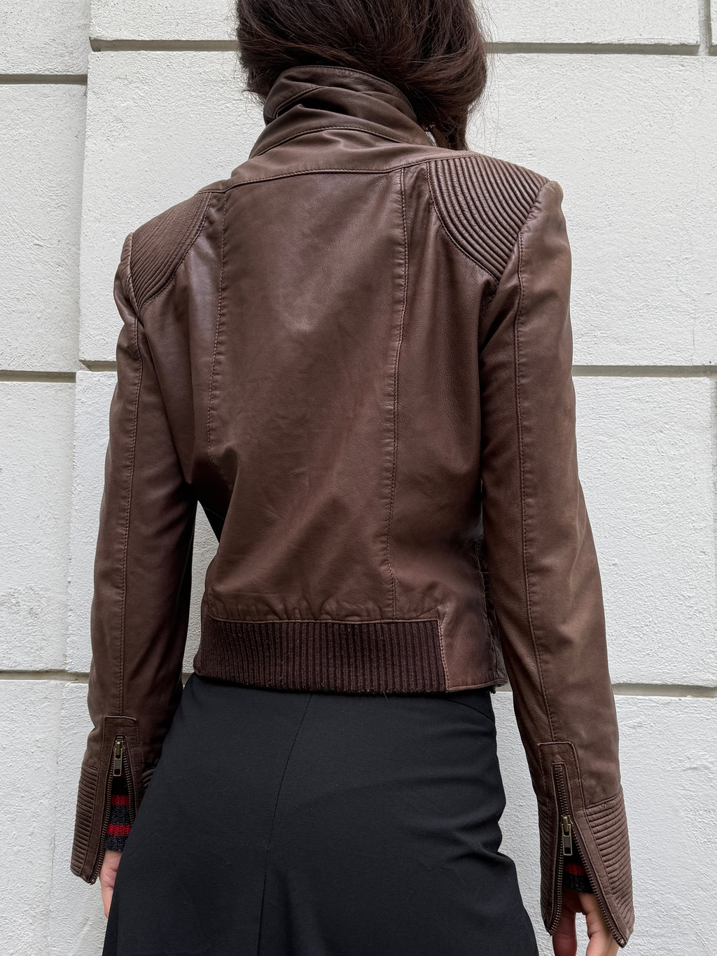 Vintage 100% Genuine Leather Dark Taupe/Brown High Neck Jacket S