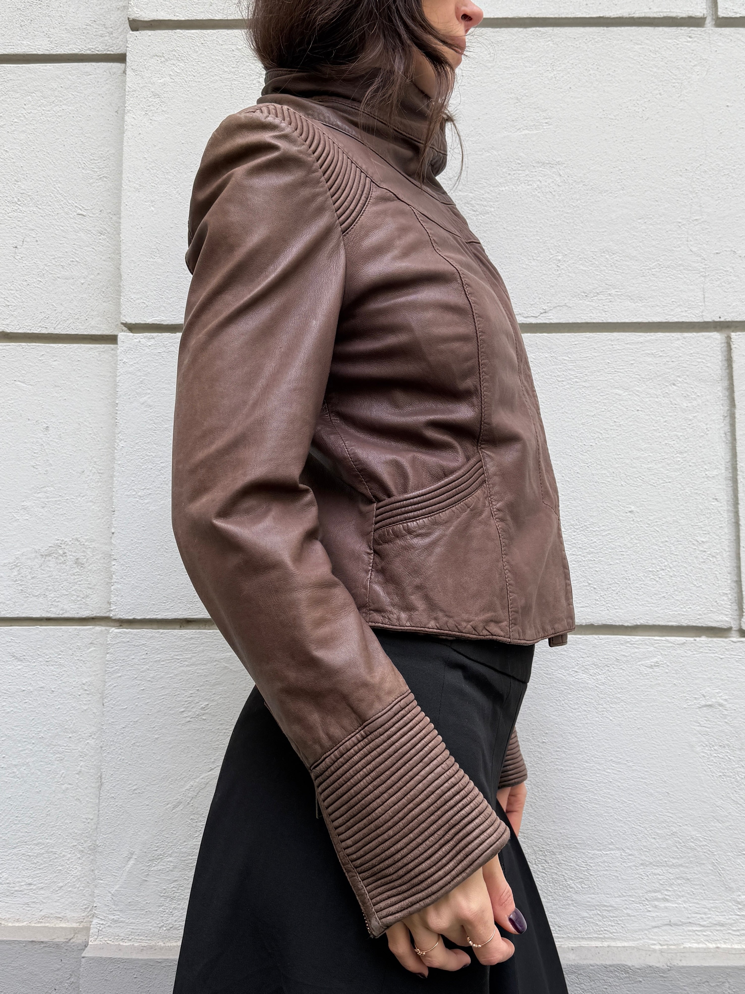 Vintage 100% Genuine Leather Dark Taupe/Brown High Neck Jacket S