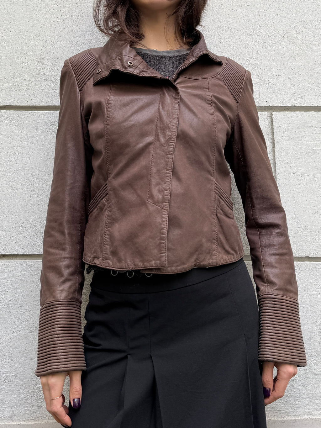 Vintage 100% Genuine Leather Dark Taupe/Brown High Neck Jacket S