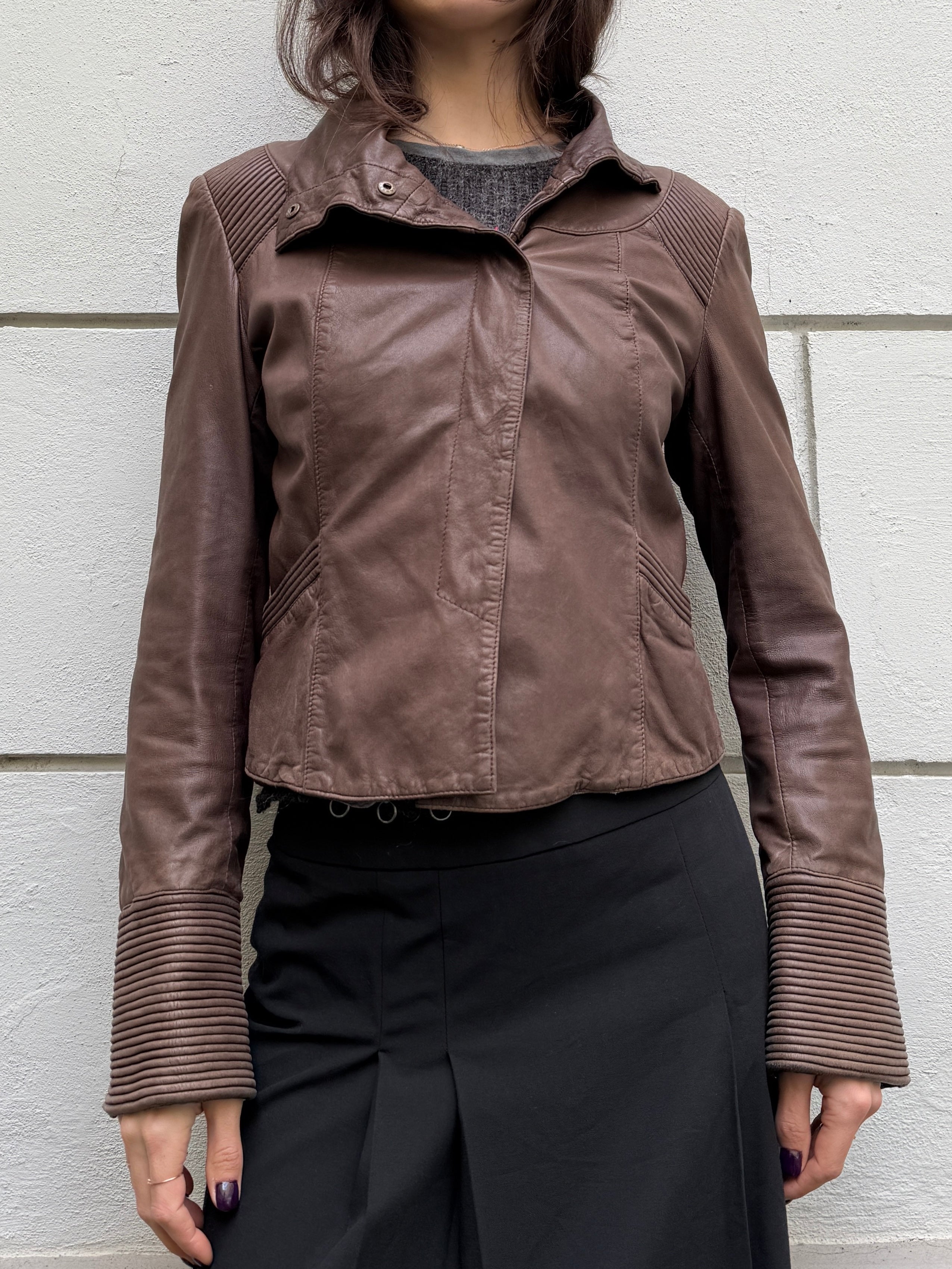 Vintage 100% Genuine Leather Dark Taupe/Brown High Neck Jacket S