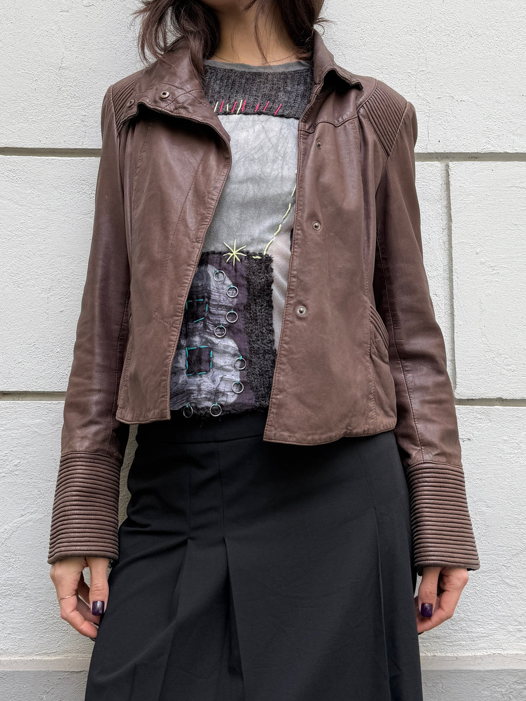 Vintage 100% Genuine Leather Dark Taupe/Brown High Neck Jacket S