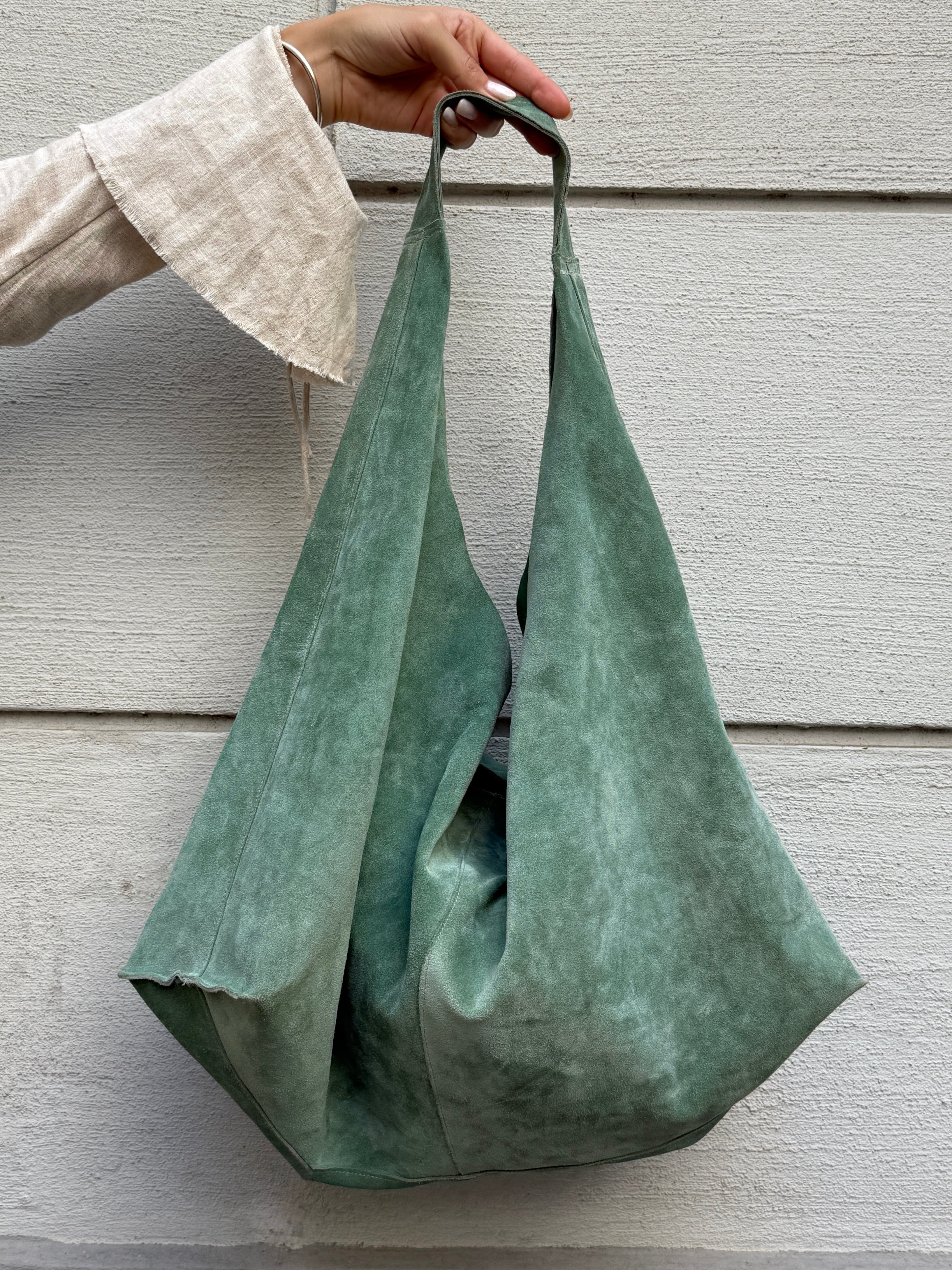 100% Genuine Leather Suede Turquoise Hobo Bag L