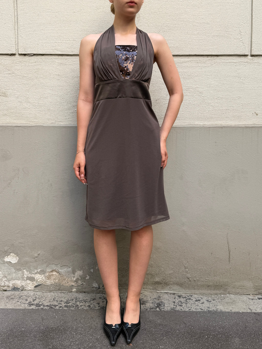 Vintage Y2K Taupe Mesh Sequin Dress S