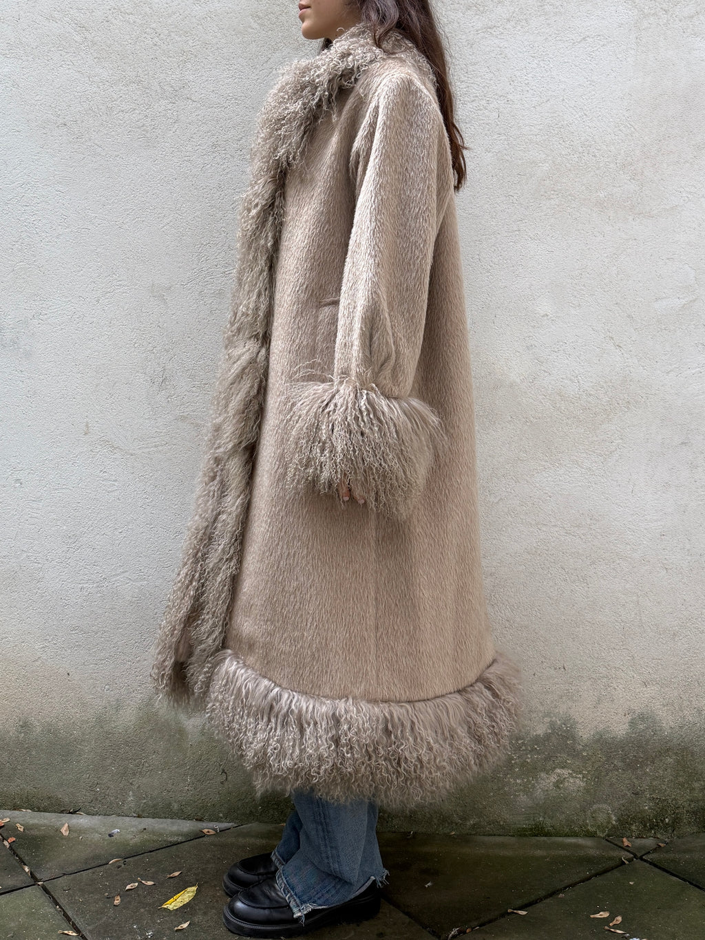 Taupe 100% Alpaca & Lamb Shearling Long Coat L/XL