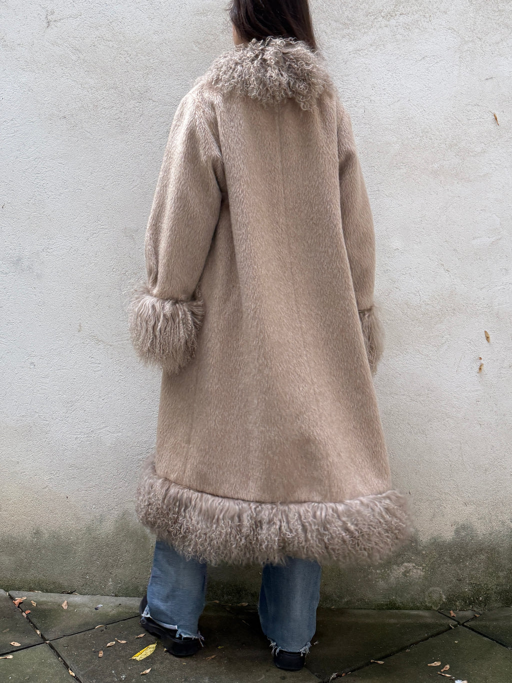 Taupe 100% Alpaca & Lamb Shearling Long Coat L/XL