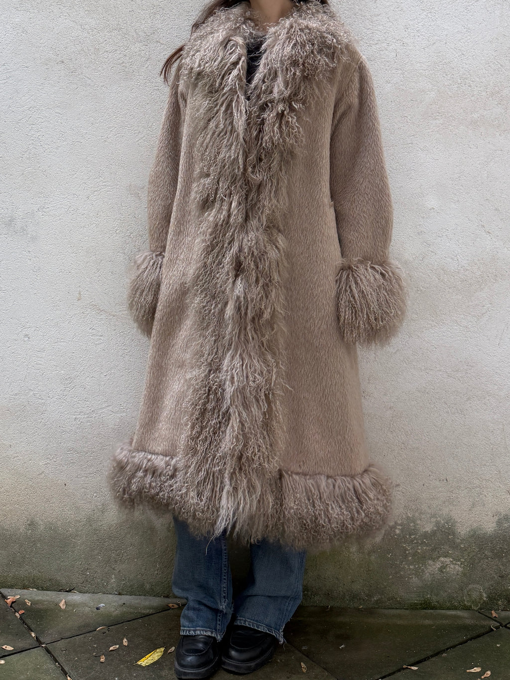 Taupe 100% Alpaca & Lamb Shearling Long Coat L/XL