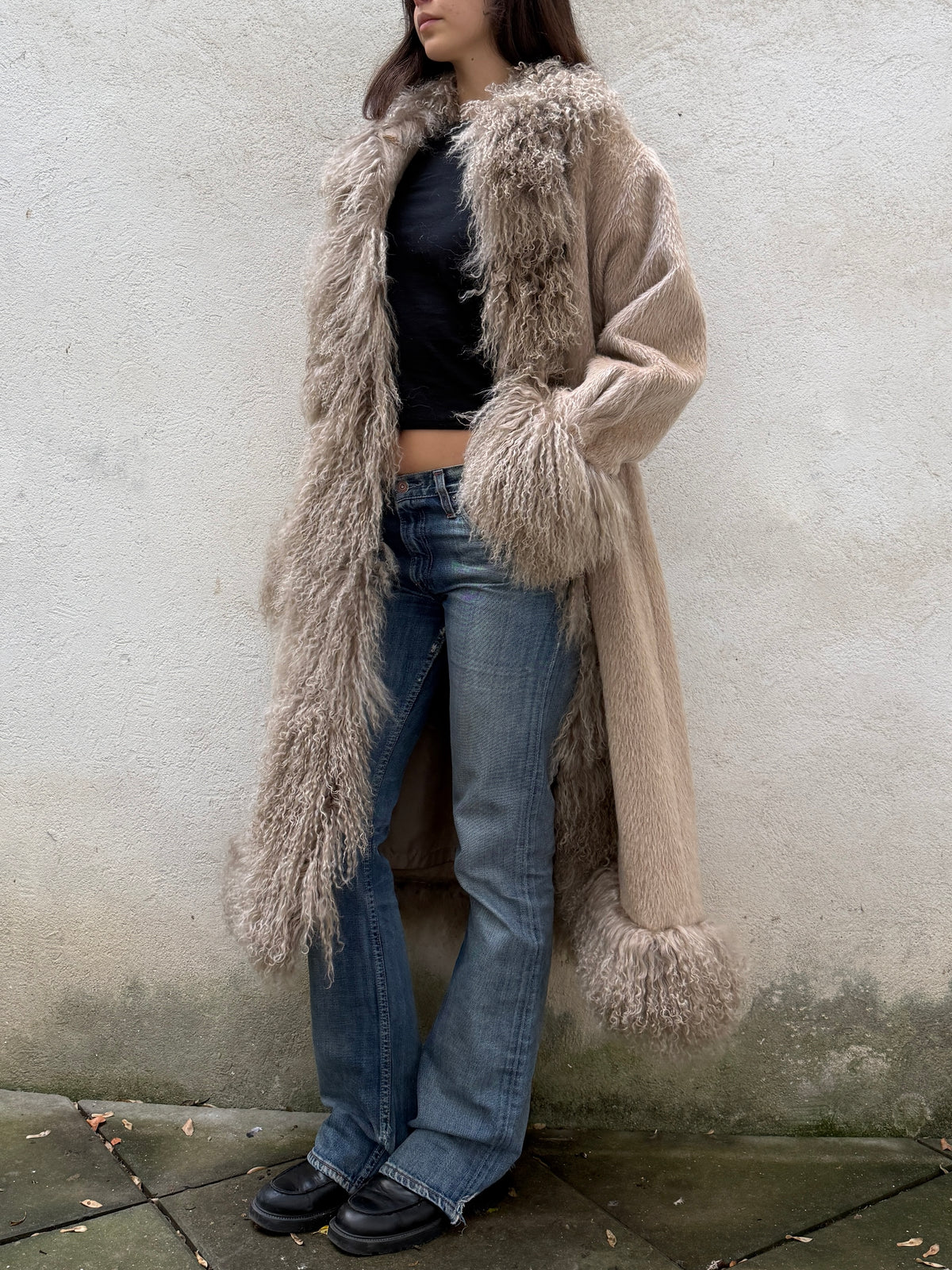 Taupe 100% Alpaca & Lamb Shearling Long Coat L/XL