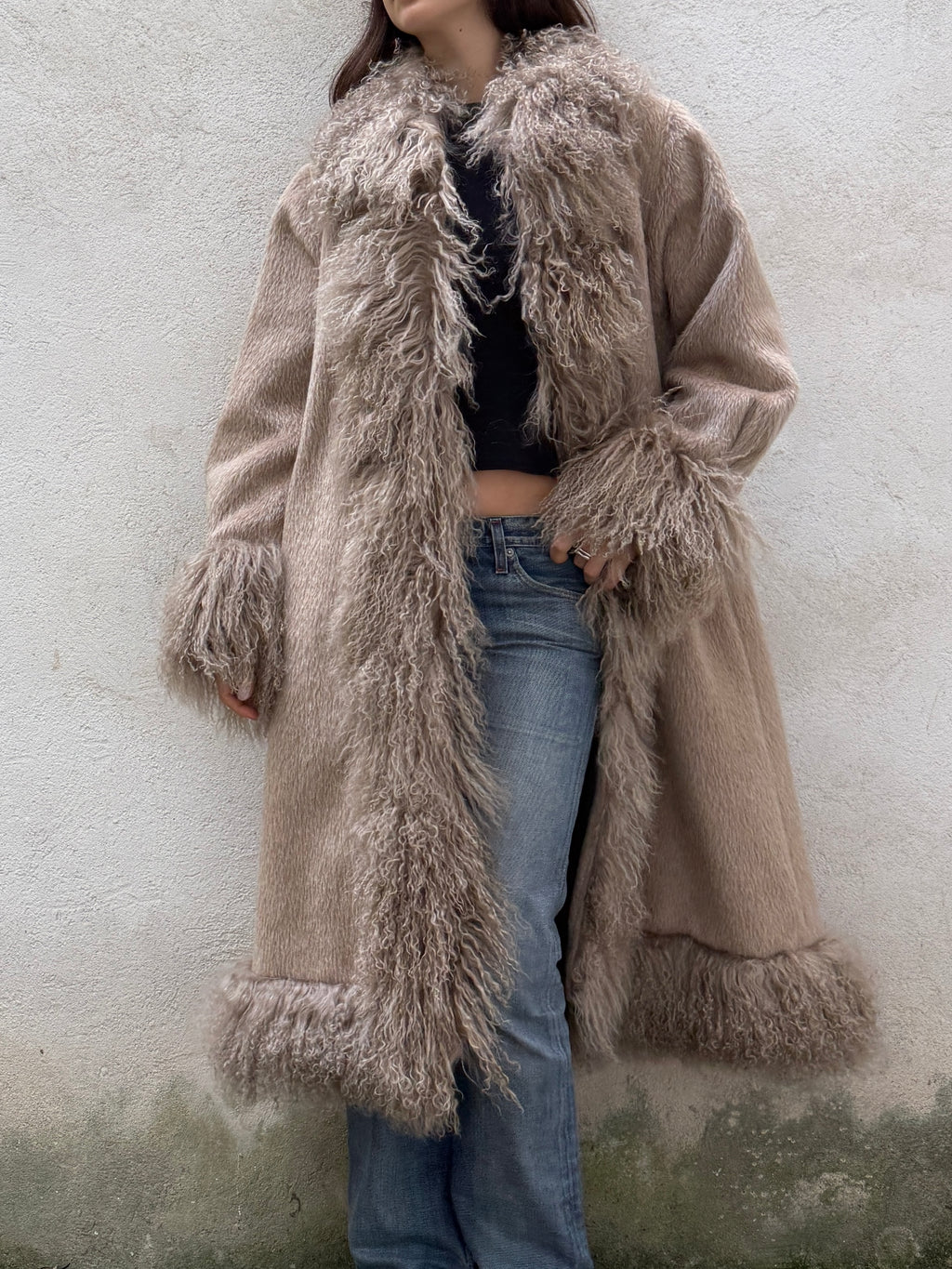 Taupe 100% Alpaca & Lamb Shearling Long Coat L/XL