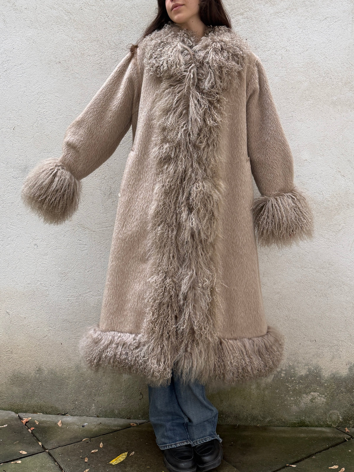 Taupe 100% Alpaca & Lamb Shearling Long Coat L/XL