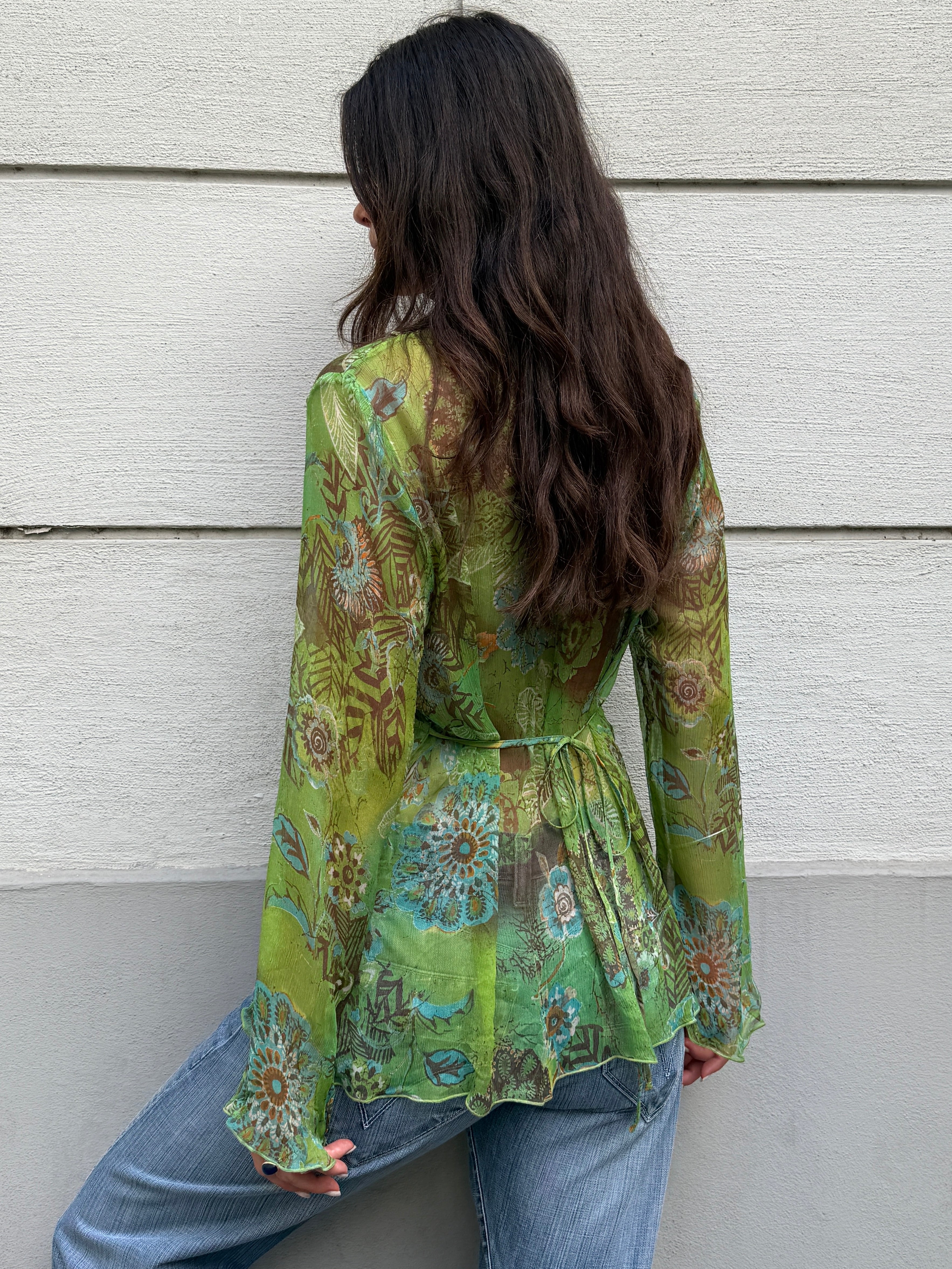 Vintage 100% Silk Green Print Blouse M/L