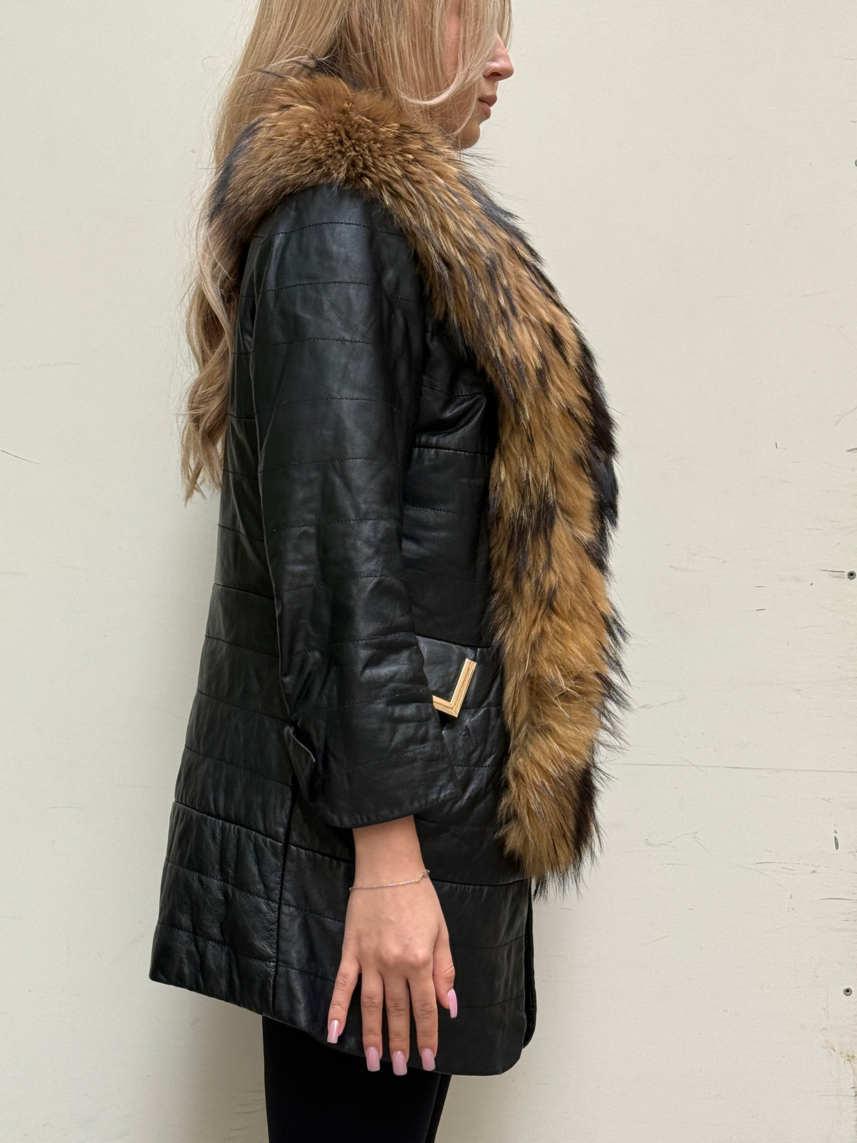 Vintage Leather & Fur Trim Black Coat XS/S