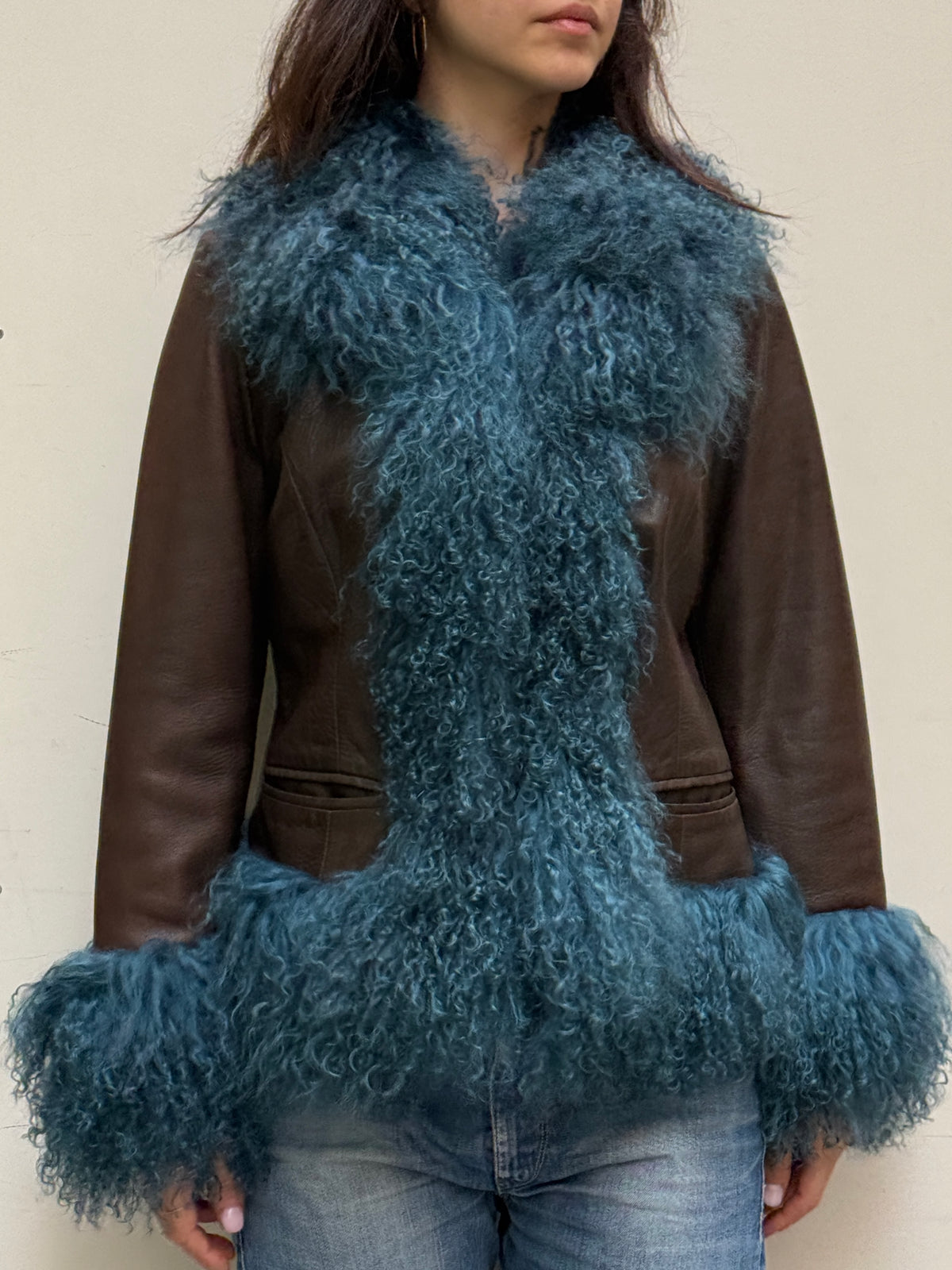 Brown & Teal Real Leather & Lamb Trim Afghan Coat M