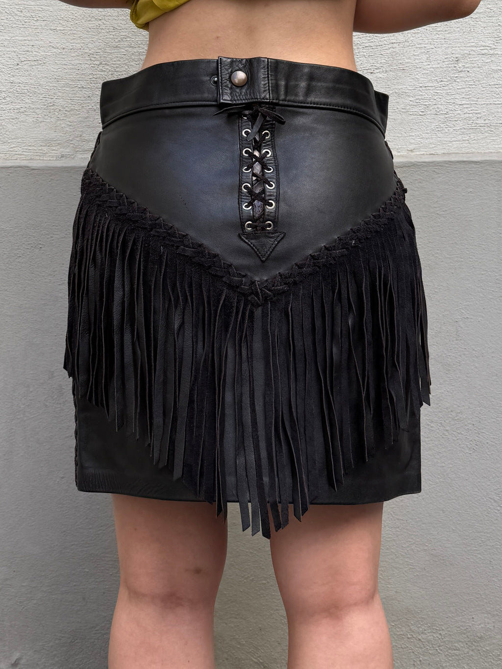 Vintage 100% Genuine Leather Fringe Black Mini Skirt S
