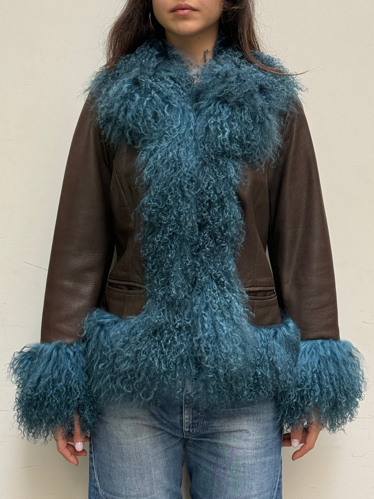 Brown & Teal Real Leather & Lamb Trim Afghan Coat M