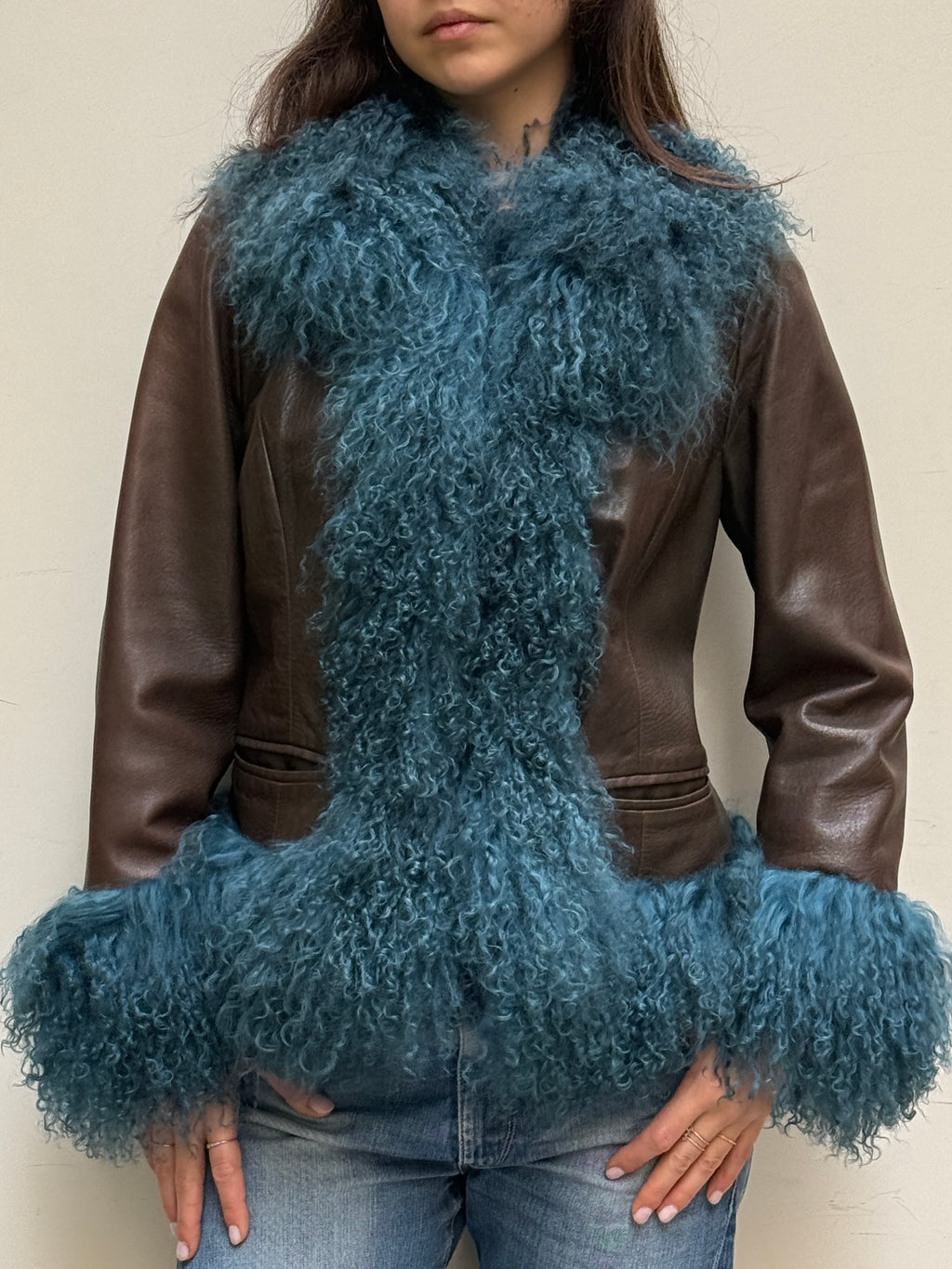 Brown & Teal Real Leather & Lamb Trim Afghan Coat M