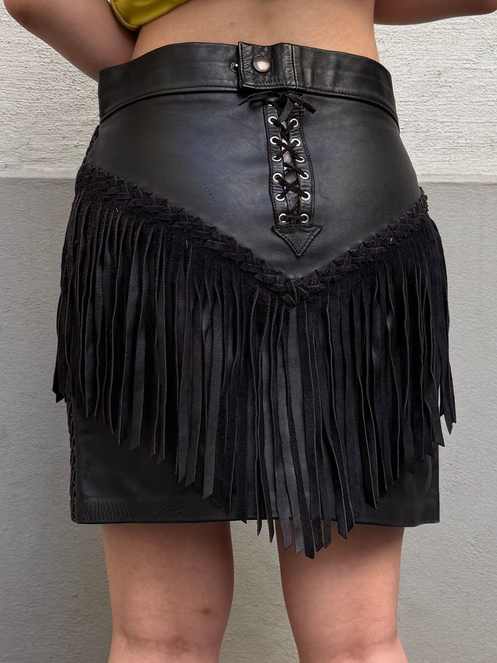 Vintage 100% Genuine Leather Fringe Black Mini Skirt S