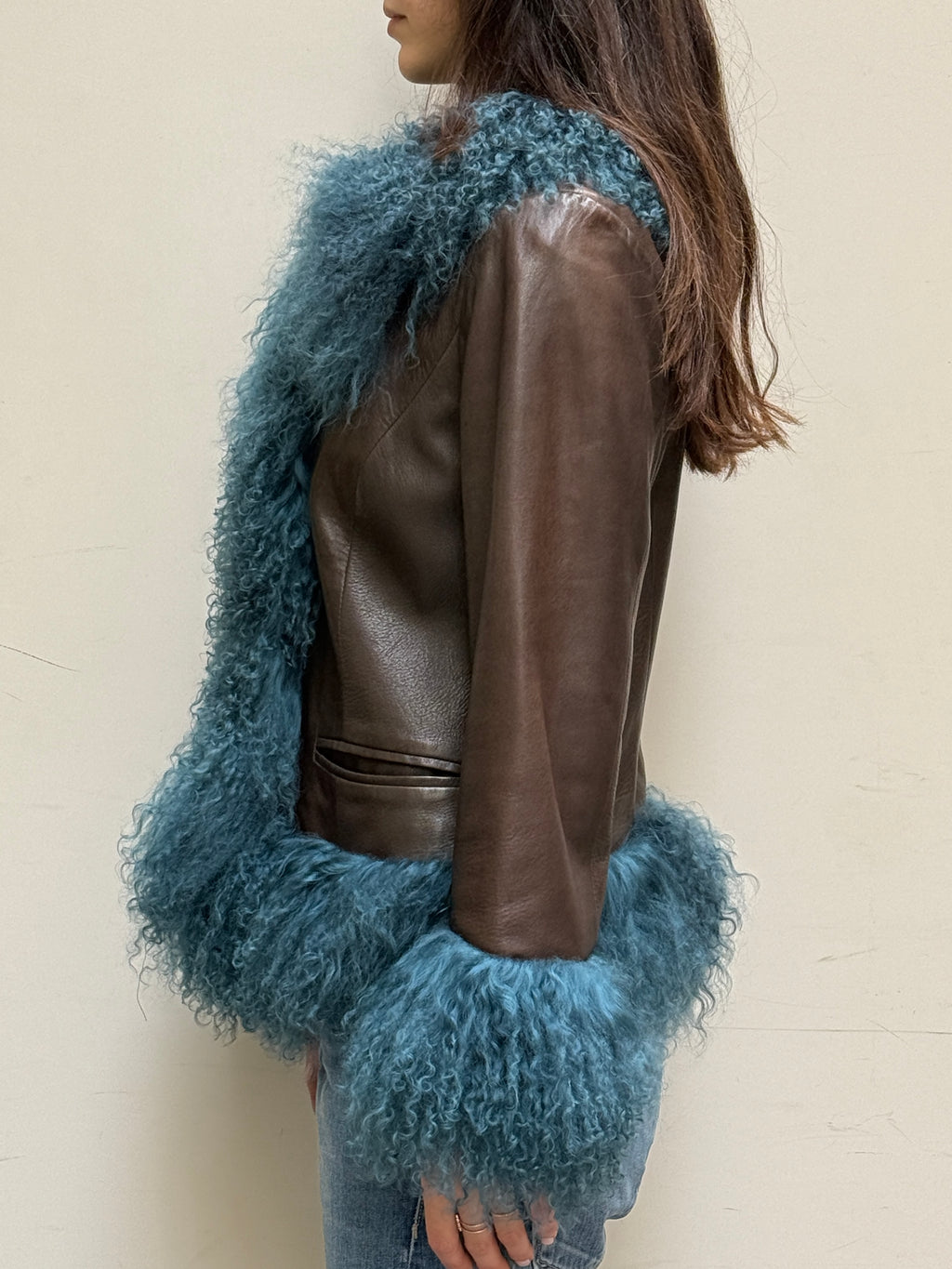 Brown & Teal Real Leather & Lamb Trim Afghan Coat M