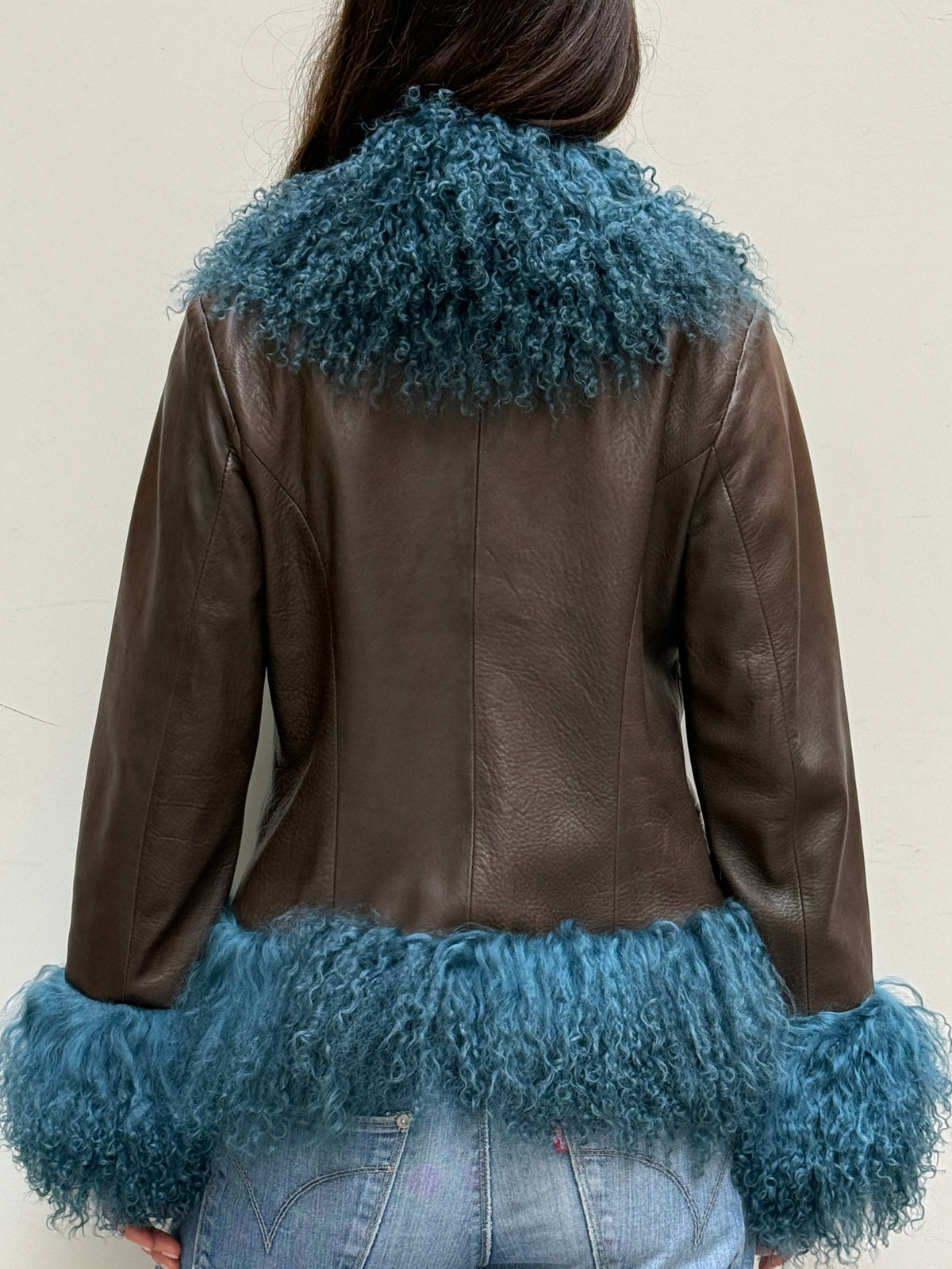 Brown & Teal Real Leather & Lamb Trim Afghan Coat M