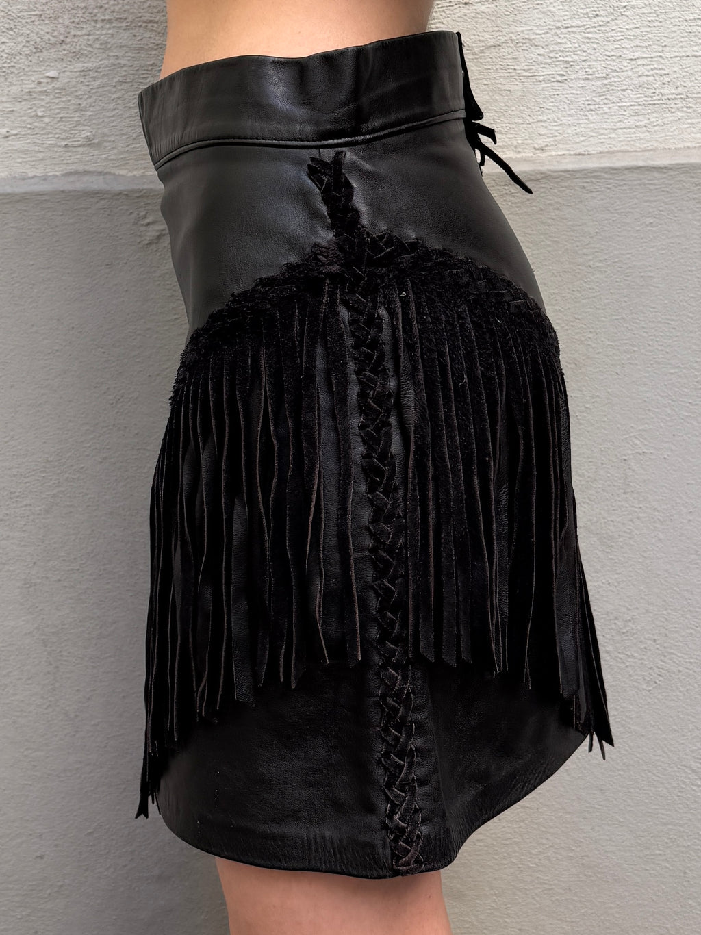 Vintage 100% Genuine Leather Fringe Black Mini Skirt S