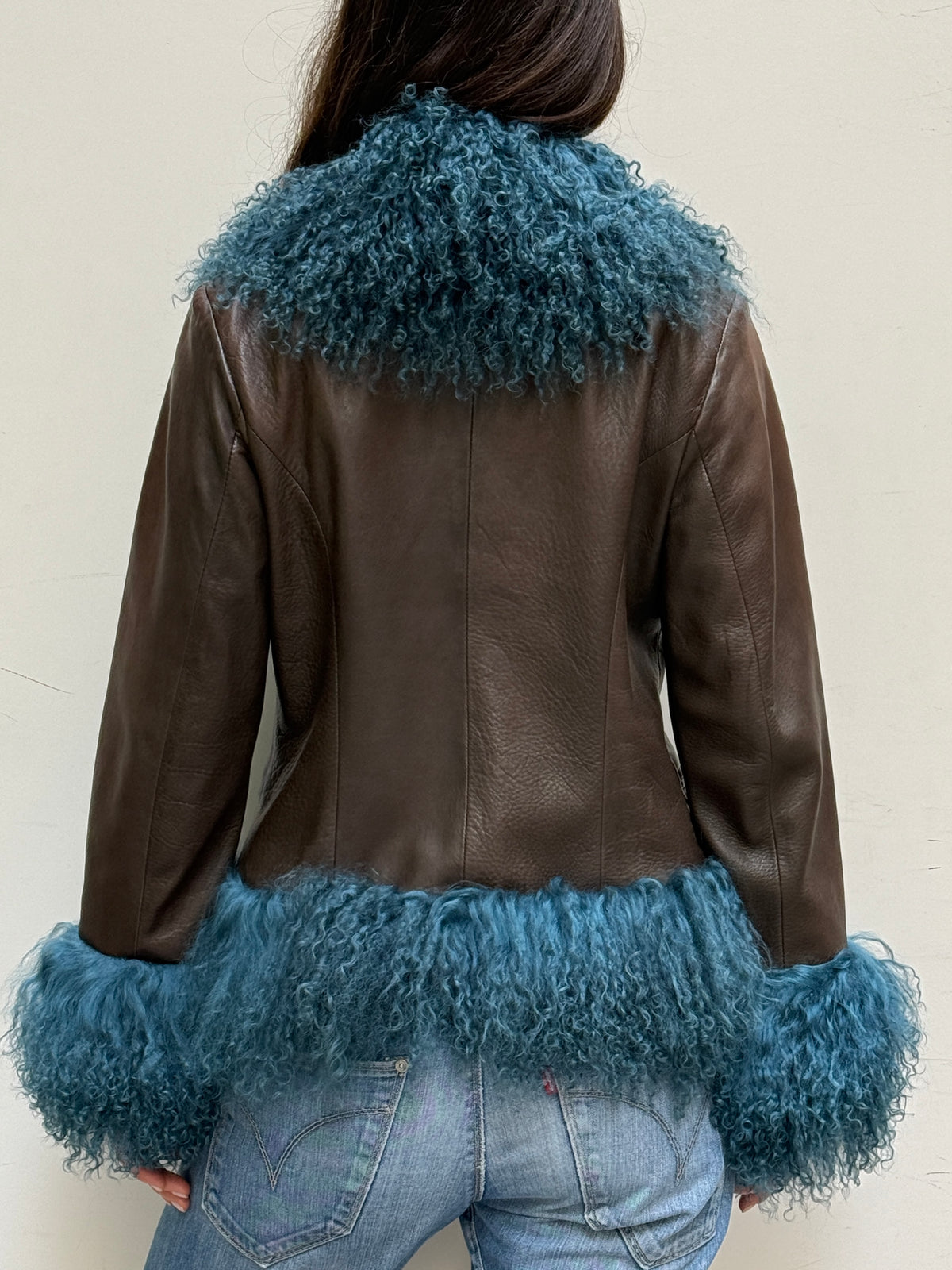 Brown & Teal Real Leather & Lamb Trim Afghan Coat M