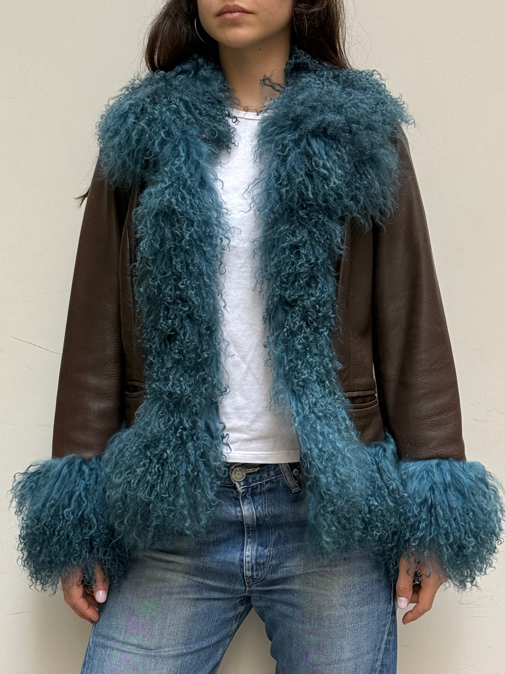 Brown & Teal Real Leather & Lamb Trim Afghan Coat M