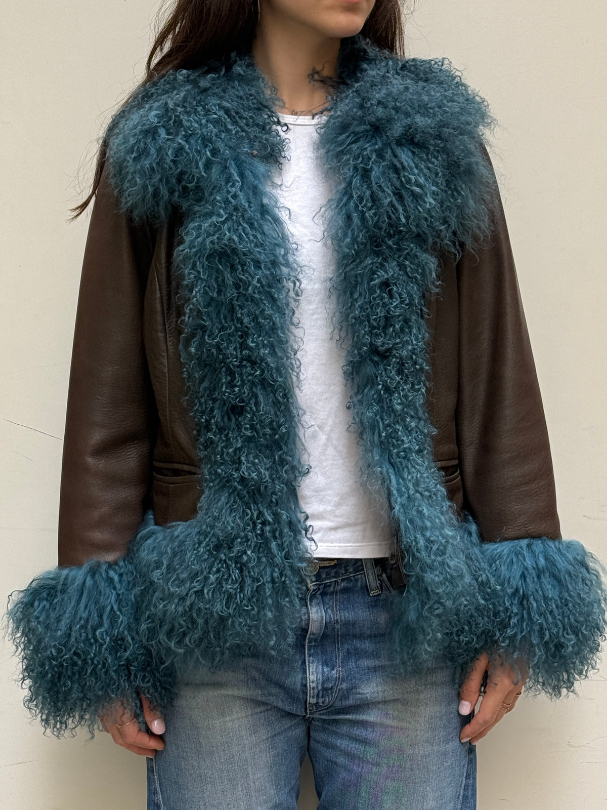 Brown & Teal Real Leather & Lamb Trim Afghan Coat M