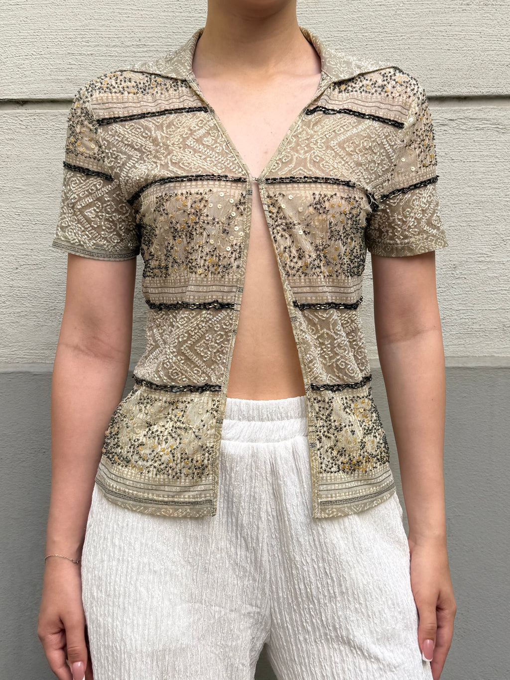 Vintage Y2K Beaded Short Sleeve Top S