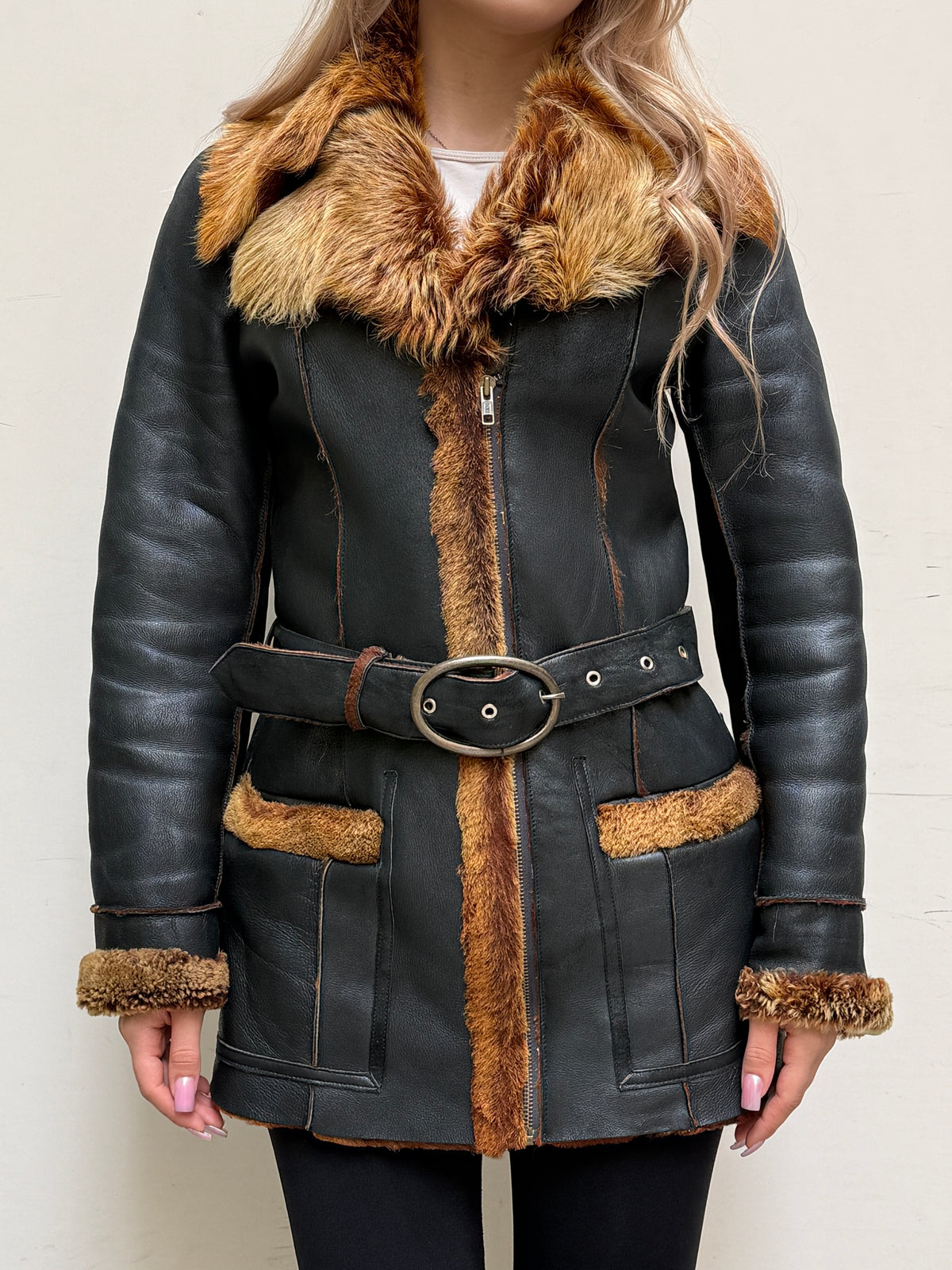 Vintage Black Shearling Sheepskin Coat XS/S