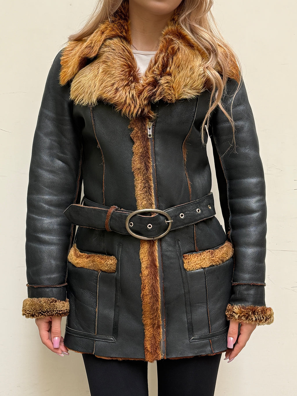 Vintage Black Shearling Sheepskin Coat XS/S