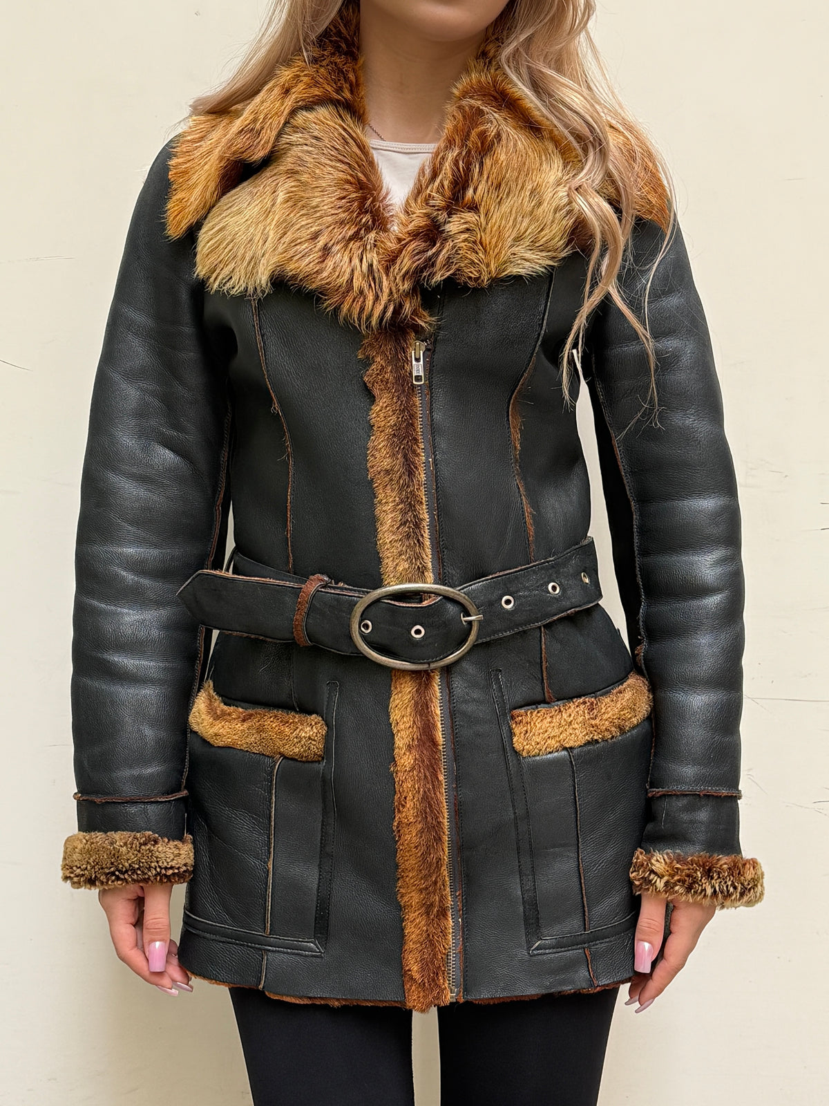 Vintage Black Shearling Sheepskin Coat XS/S