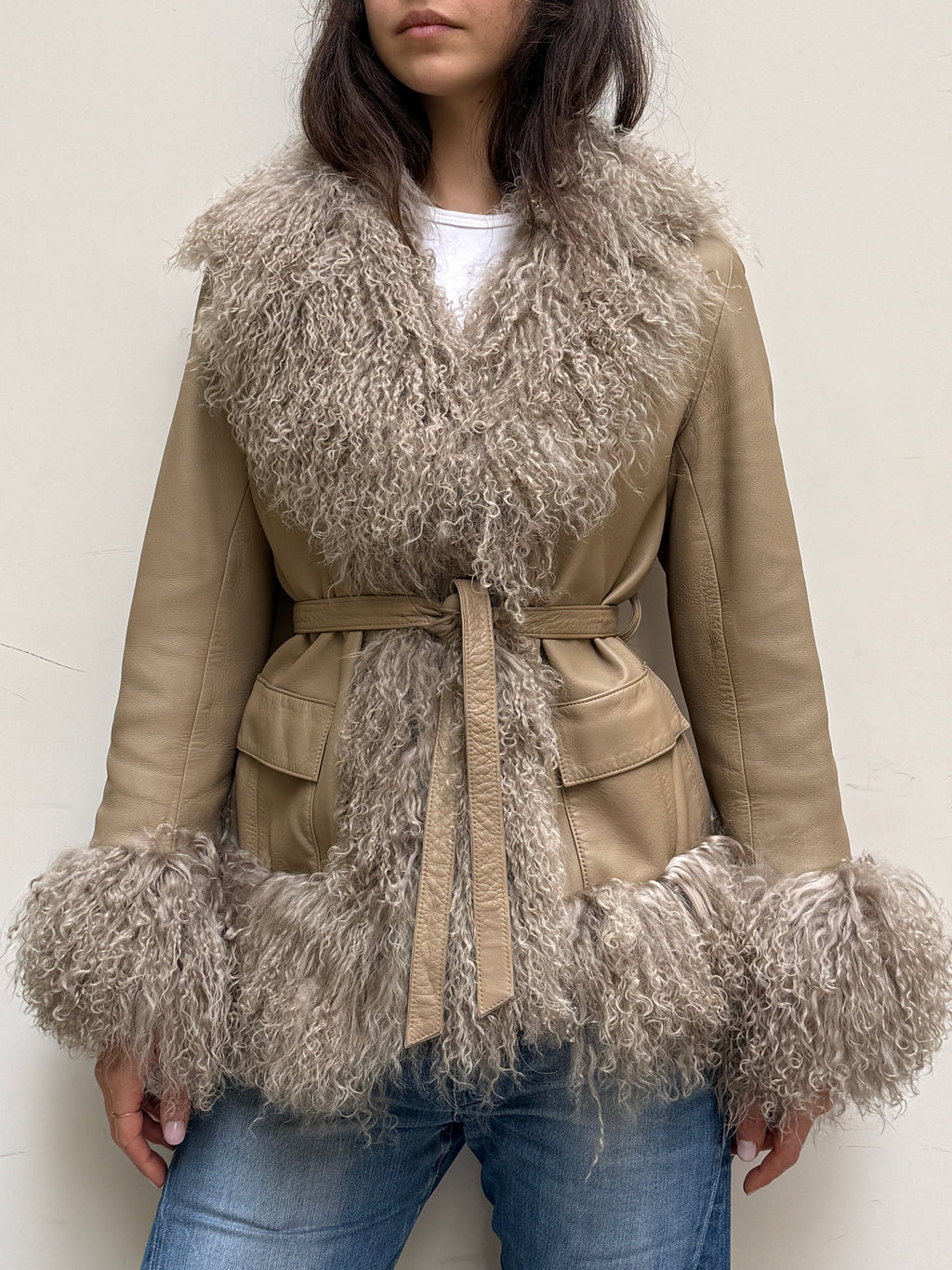 Taupe Real Leather & Lamb Trim Afghan Coat S/M