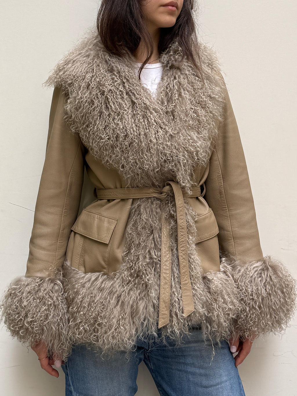 Taupe Real Leather & Lamb Trim Afghan Coat S/M