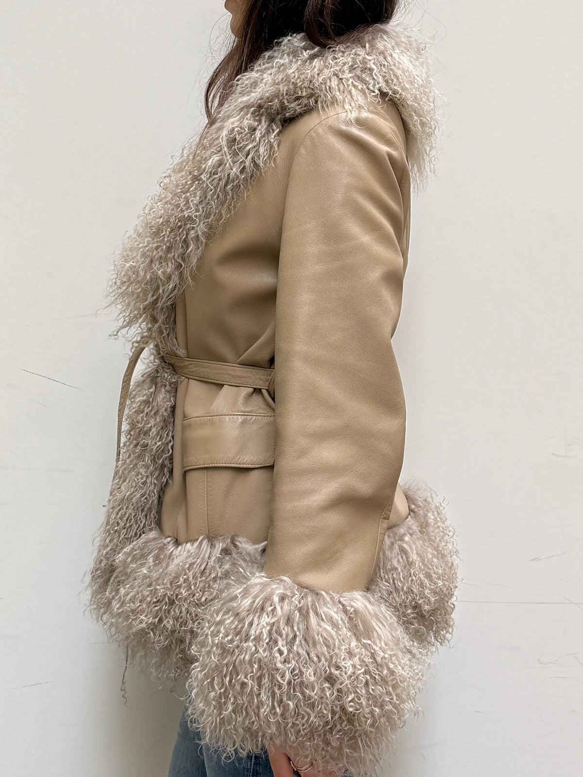 Taupe Real Leather & Lamb Trim Afghan Coat S/M