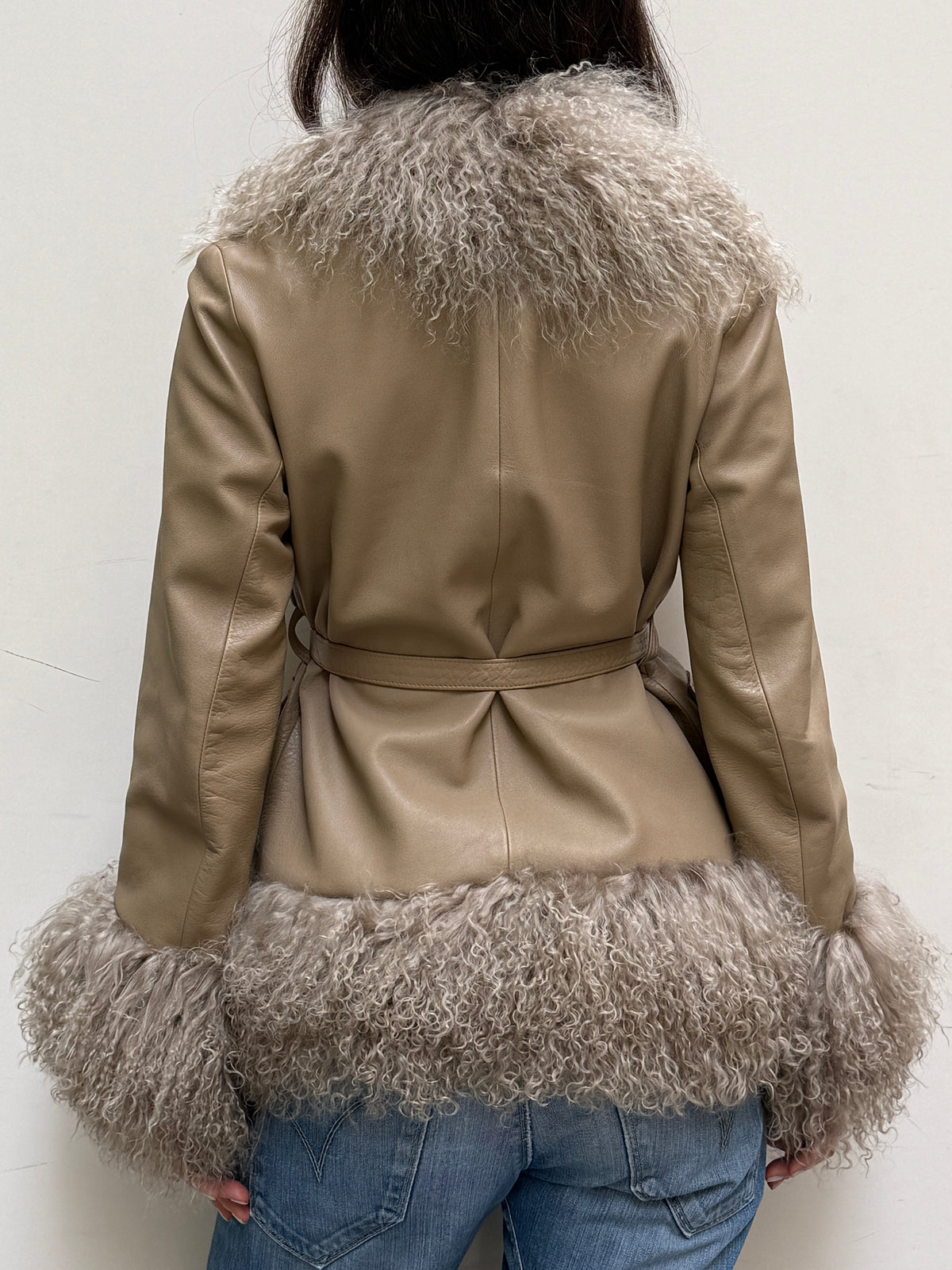 Taupe Real Leather & Lamb Trim Afghan Coat S/M